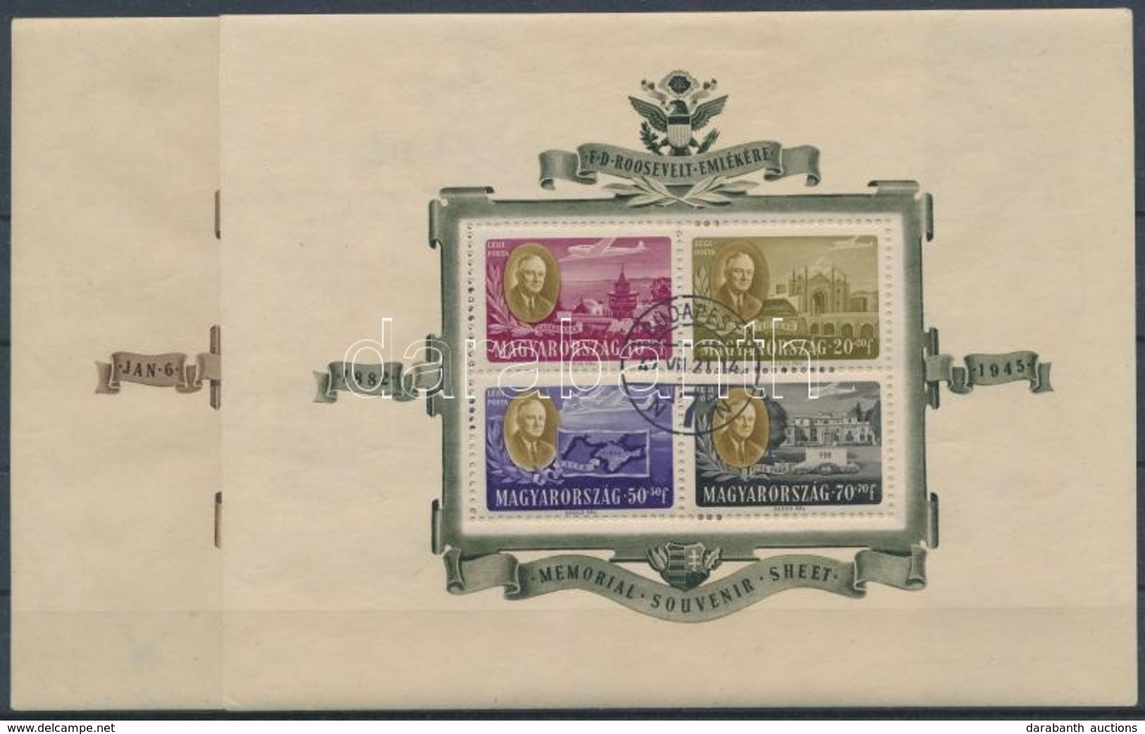 O 1947 Roosevelt Blokkpár Első Napi Bélyegzéssel (50.000) / Mi 10-11 Block Pair With First Day Cancellation - Autres & Non Classés