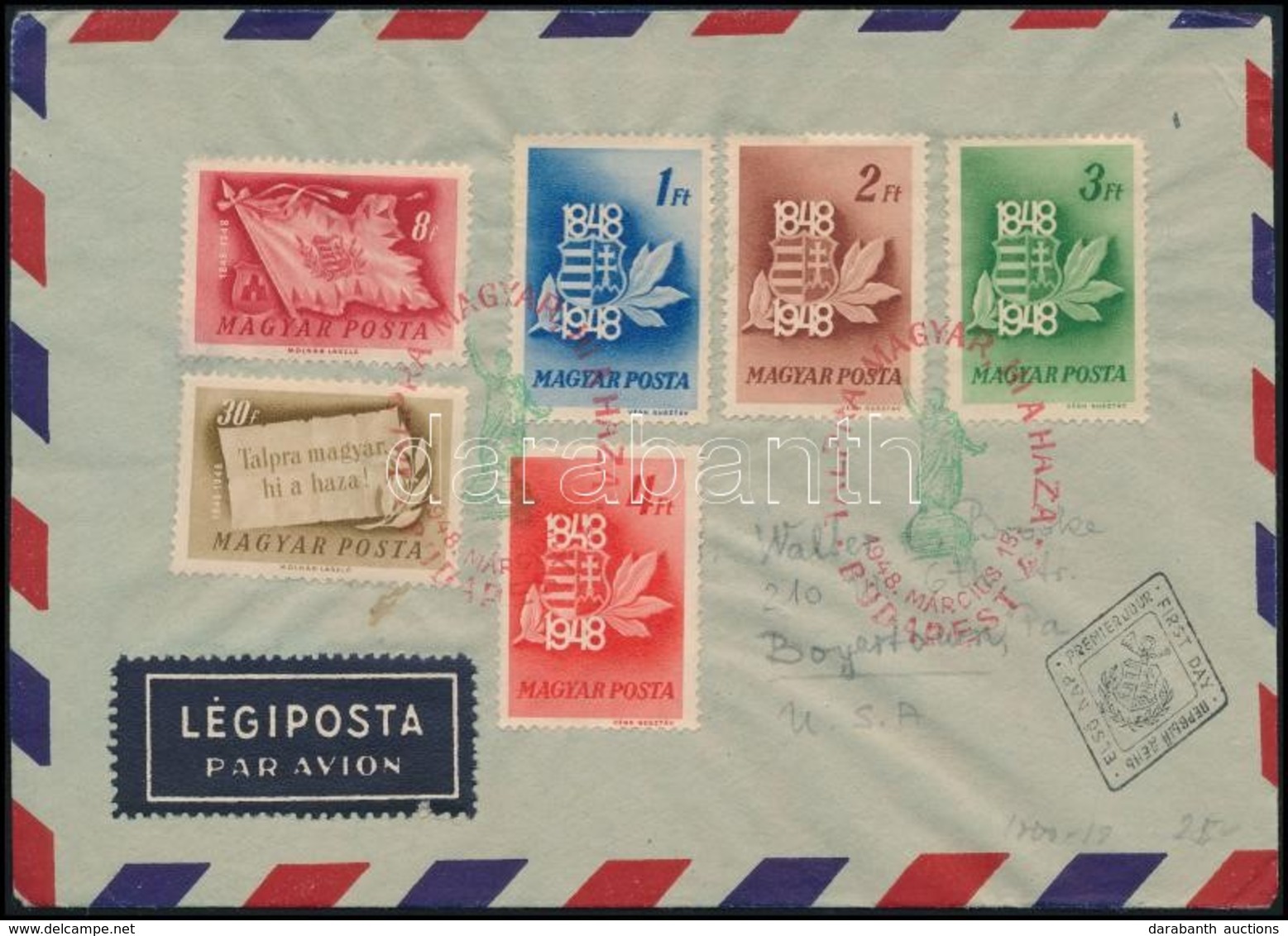 1948 Centenárium Sor 6 értéke Légi FDC-n (a Többi érték Később Jelent Meg) / 6 Different Stamps On Airmail FDC To The US - Other & Unclassified