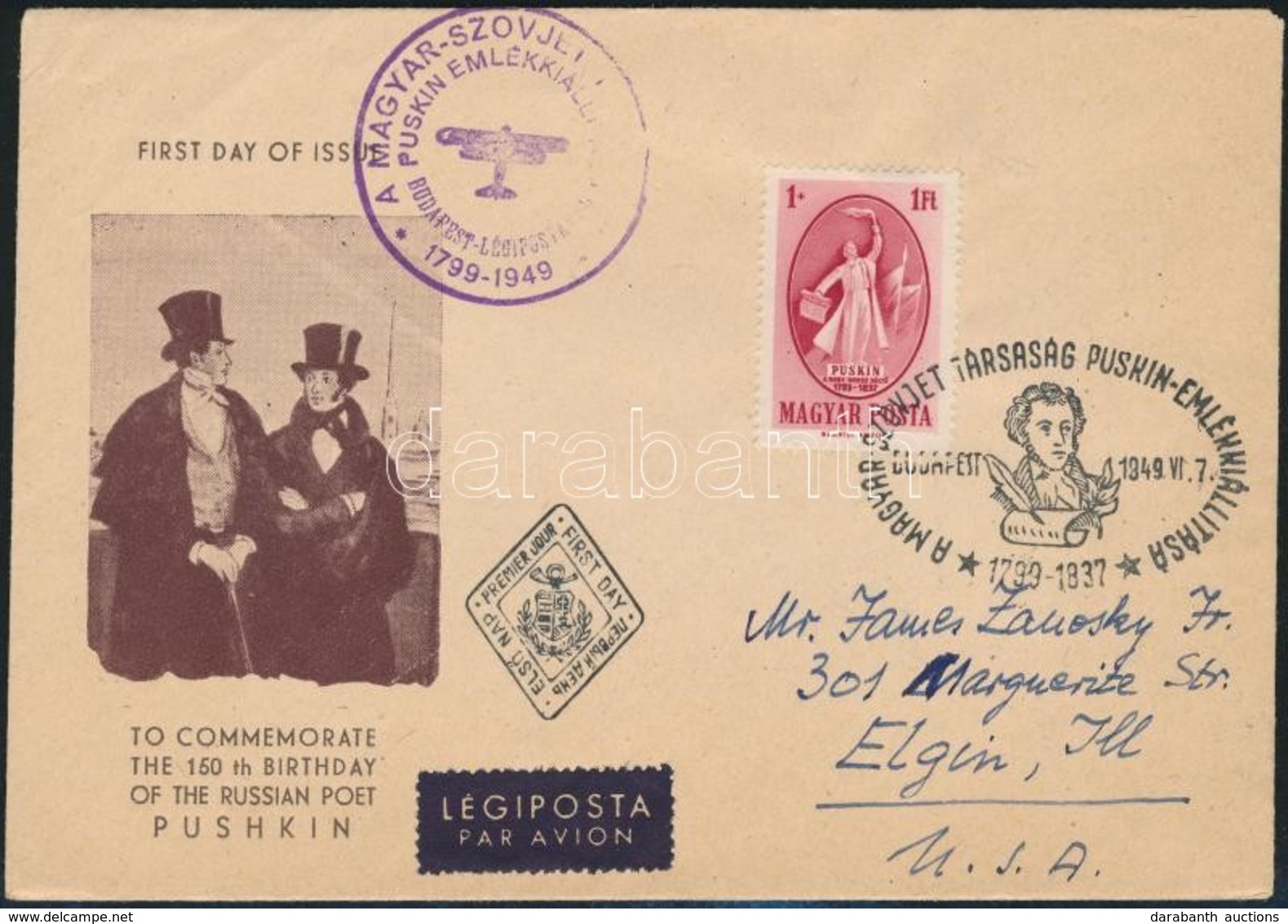 1949 Puskin Bélyeg Légi FDC-n / Mi 1039 On Airmail FDC - Autres & Non Classés