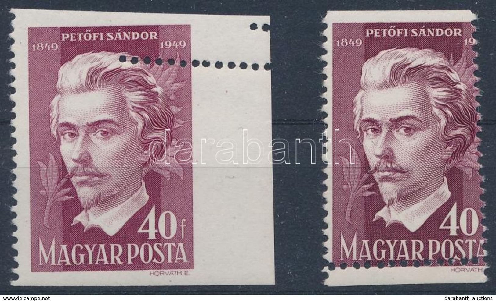 * 1949 2 Db Petőfi 40f Extra Elfogazással / 2 X Mi 1045 Shifted Perforation - Autres & Non Classés