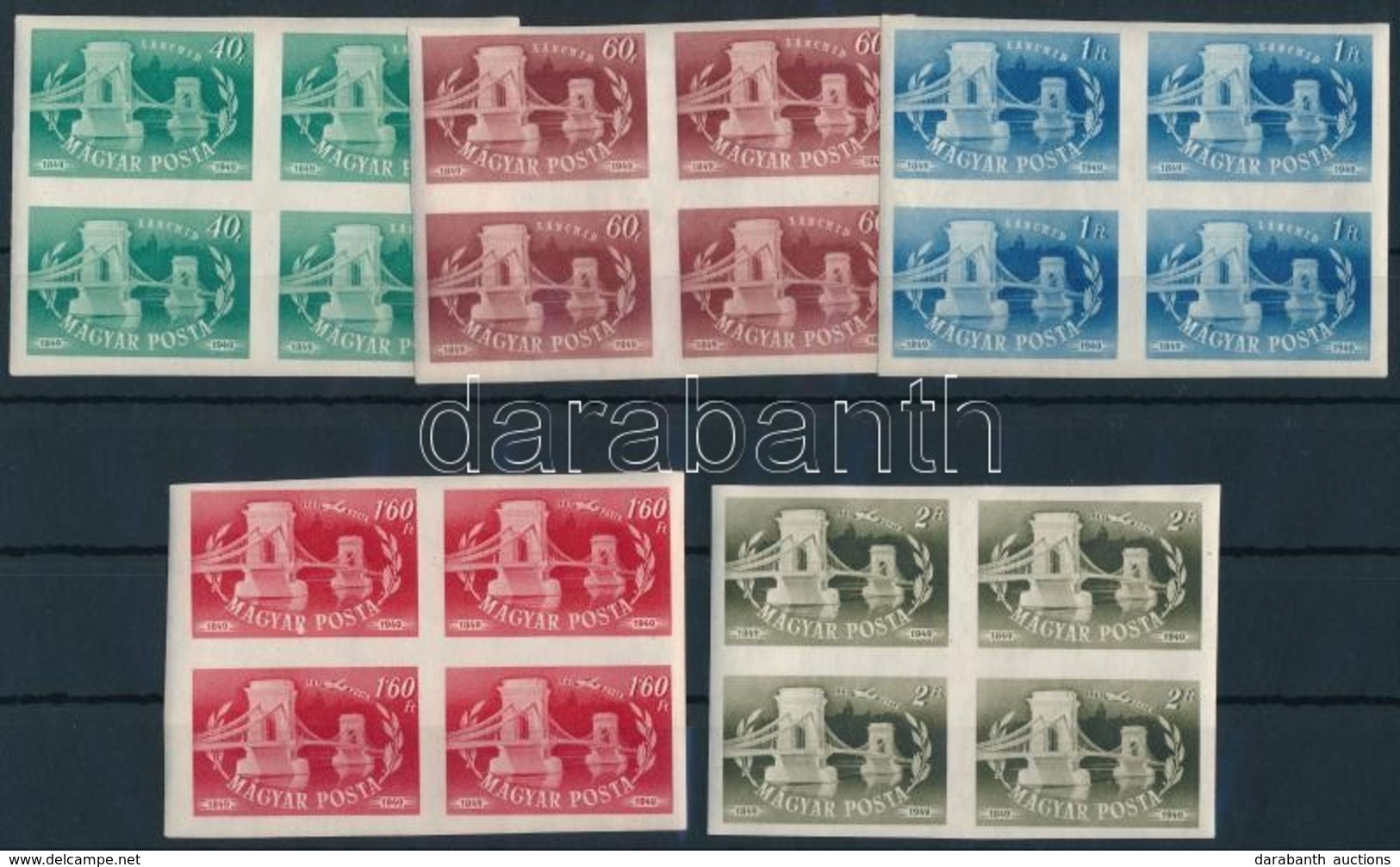 ** 1949 UPU és Lánchíd Sor Négyestömbökben (18.000) / Mi 1056-1063 Imperforate Sets In Blocks Of 4 - Other & Unclassified