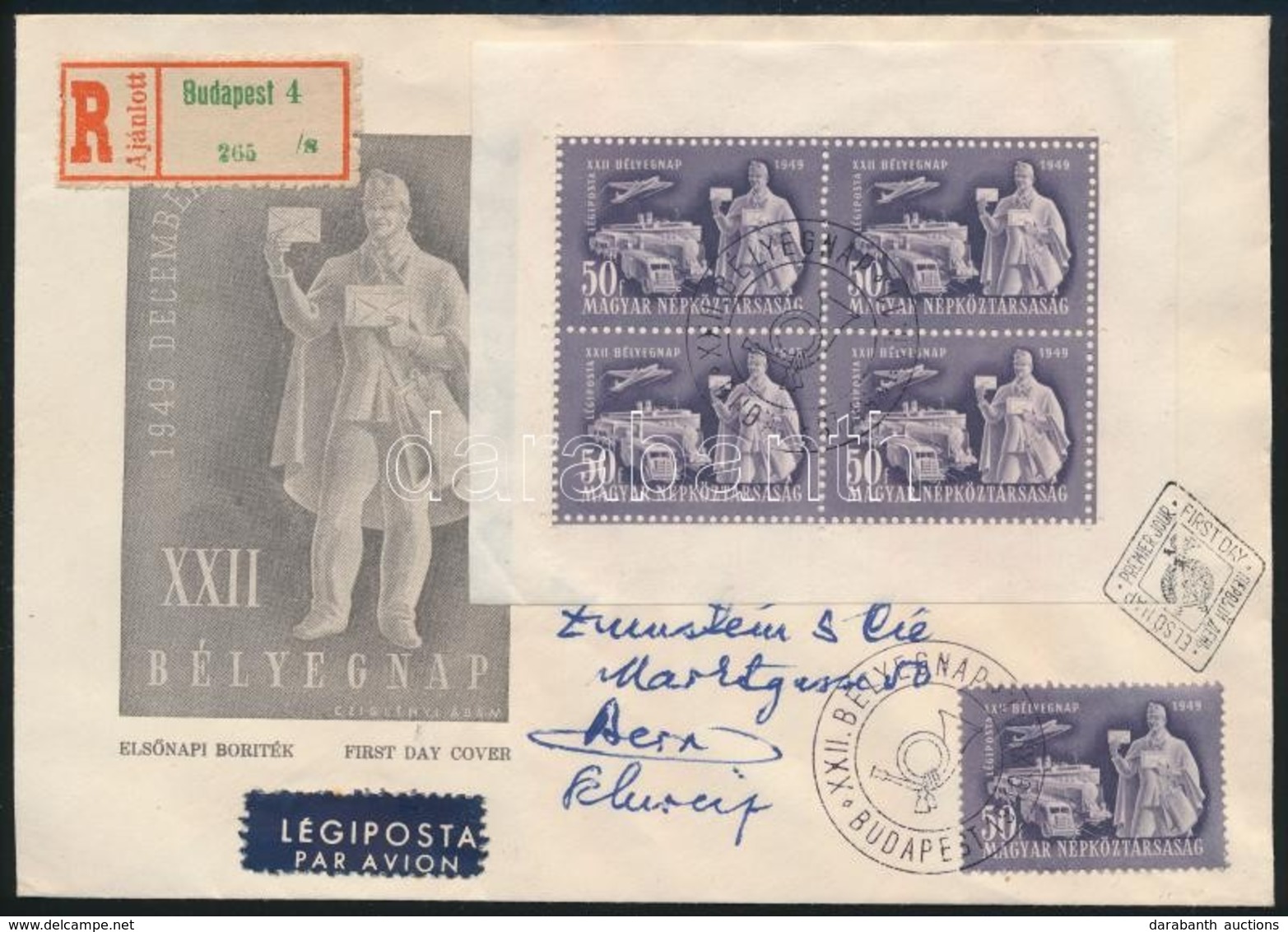 1949 Bélyegnap Bélyeg és Kisív Ajánlott FDC-n Bernbe (20.000+) / Mi 1065 Stamp And Mini Sheet On Registered FDC - Other & Unclassified