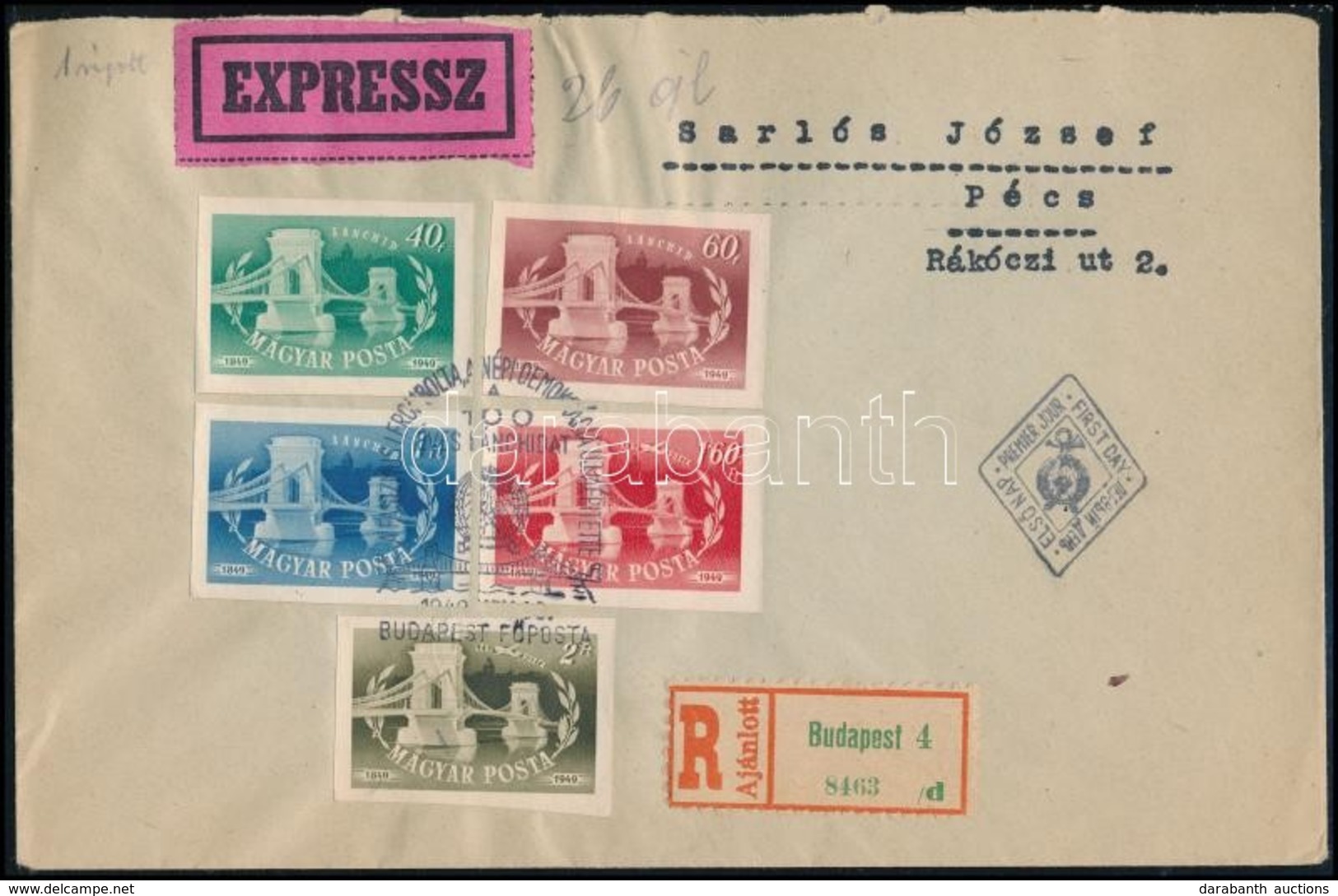 1949 Lánchíd Vágott Sor Expressz Ajánlott FDC-n / Mi 1059-1063 Imperforate Set On Registered Express FDC - Autres & Non Classés