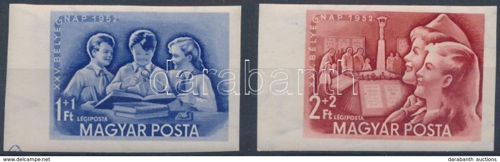 ** 1952 Bélyegnap (25.) ívszéli Vágott Sor (18.000) / Mi 1274-1275 Imperforate Margin Set (2Ft Ujjlenyomat, Kis Törés /  - Autres & Non Classés