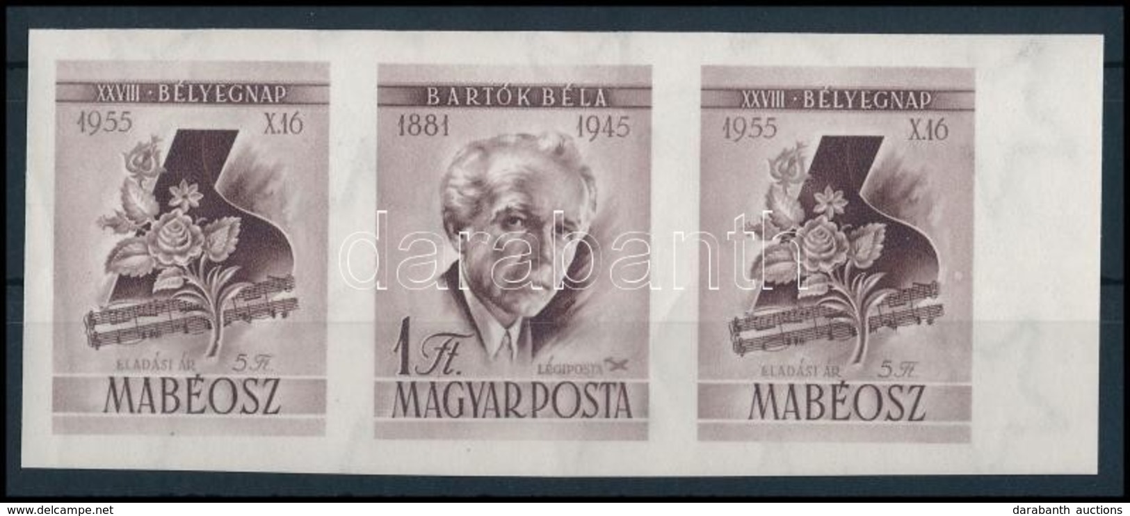 ** 1955 Bélyegnap Vágott Hármascsík, Bal és Jobb Oldali Szelvénnyel (25.000++) / Mi 1452 Zf Imperforate Stripe Of 3 - Autres & Non Classés