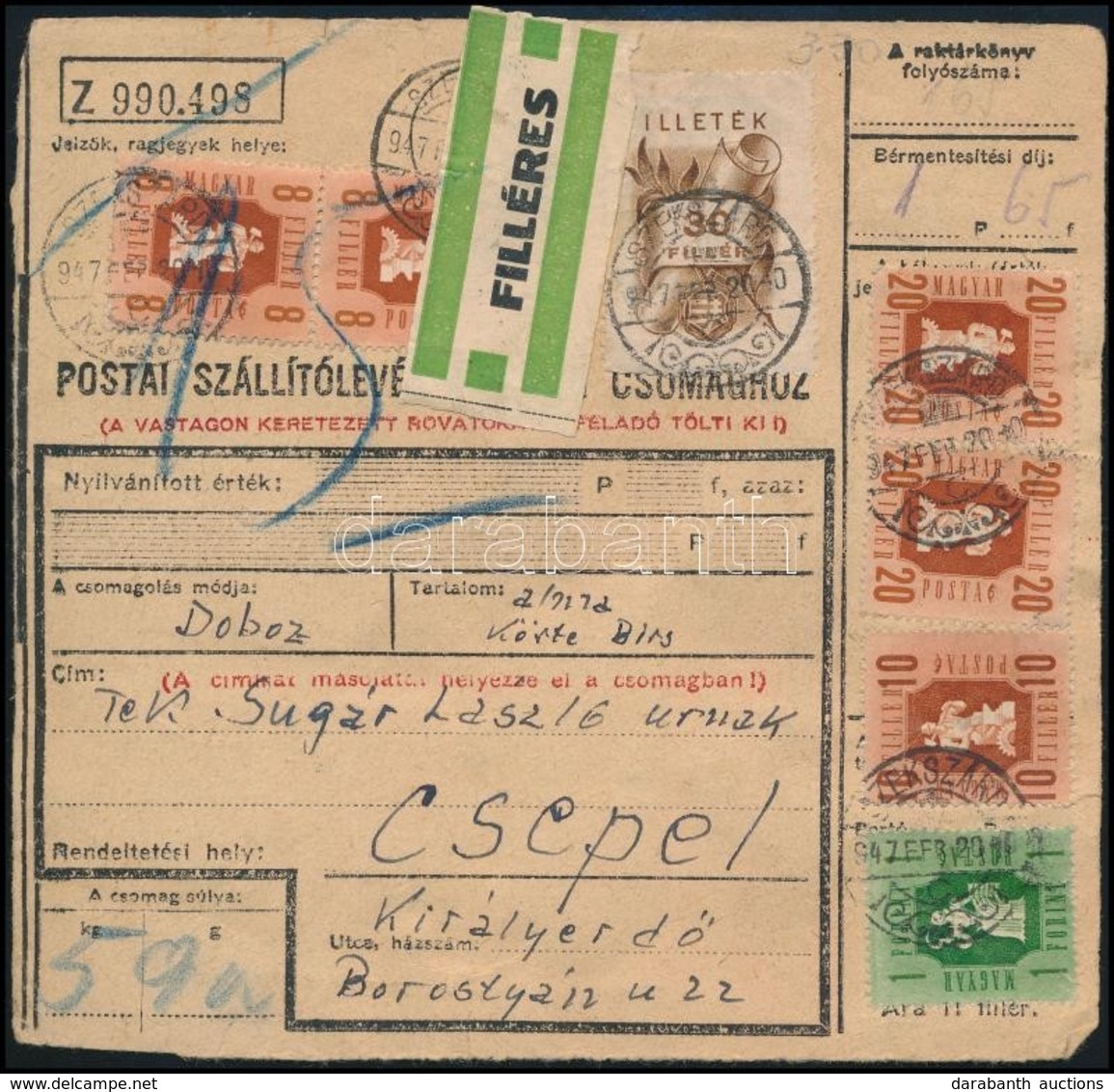 1947 Szállítólevél 'Filléres' Címkével és 3,30Ft Portóval / Parcel Card With Postage Due - Sonstige & Ohne Zuordnung