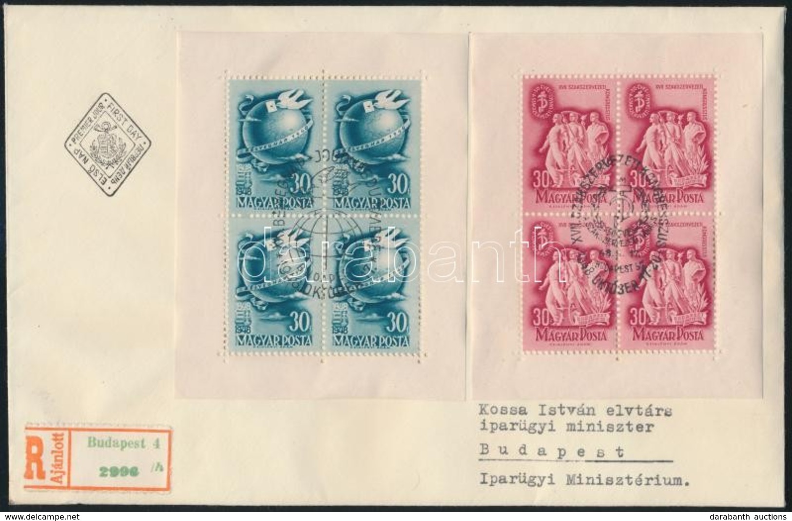 1948 Bélyegnap és Szakszervezet Kisívek Ajánlott FDC-n (27.000) / Mi 1034-1035 Mini Sheets On Registered FDC - Sonstige & Ohne Zuordnung