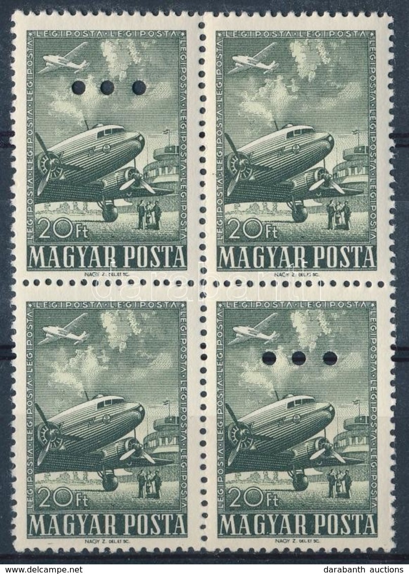 ** 1957 Repülő 20Ft Négyestömb, Fordított állású Lyukasztással, Magyar Posta Ajándéka (30.000++) / Mi 1496 Block Of 4, P - Autres & Non Classés