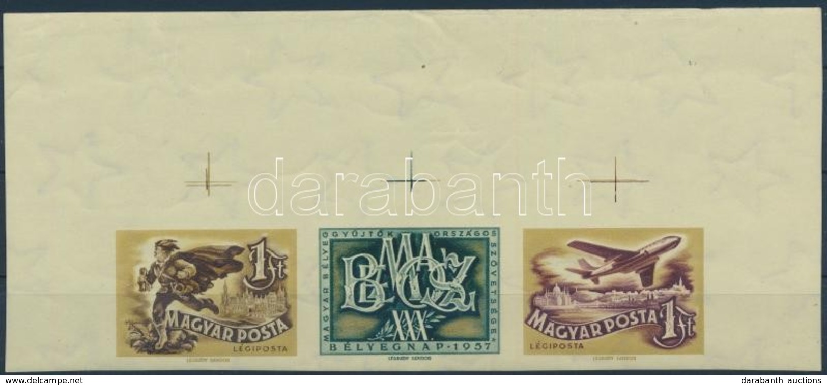 ** 1957 Bélyegnap 30. Vágott ívszéli Hármascsík, óriási ívszéllel, Azon Illesztőkeresztekkel / Mi 1501-1502 Imperforate  - Autres & Non Classés