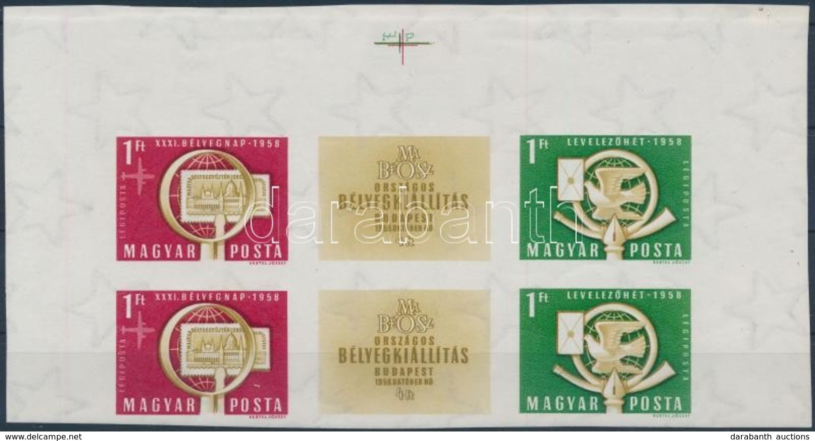 ** 1958 Bélyegnap 31. 2 Db Vágott Hármascsík ívszéli Hatostömbben (10.000) / 2 X Mi 1553-1554 Imperforate Margin Block O - Autres & Non Classés