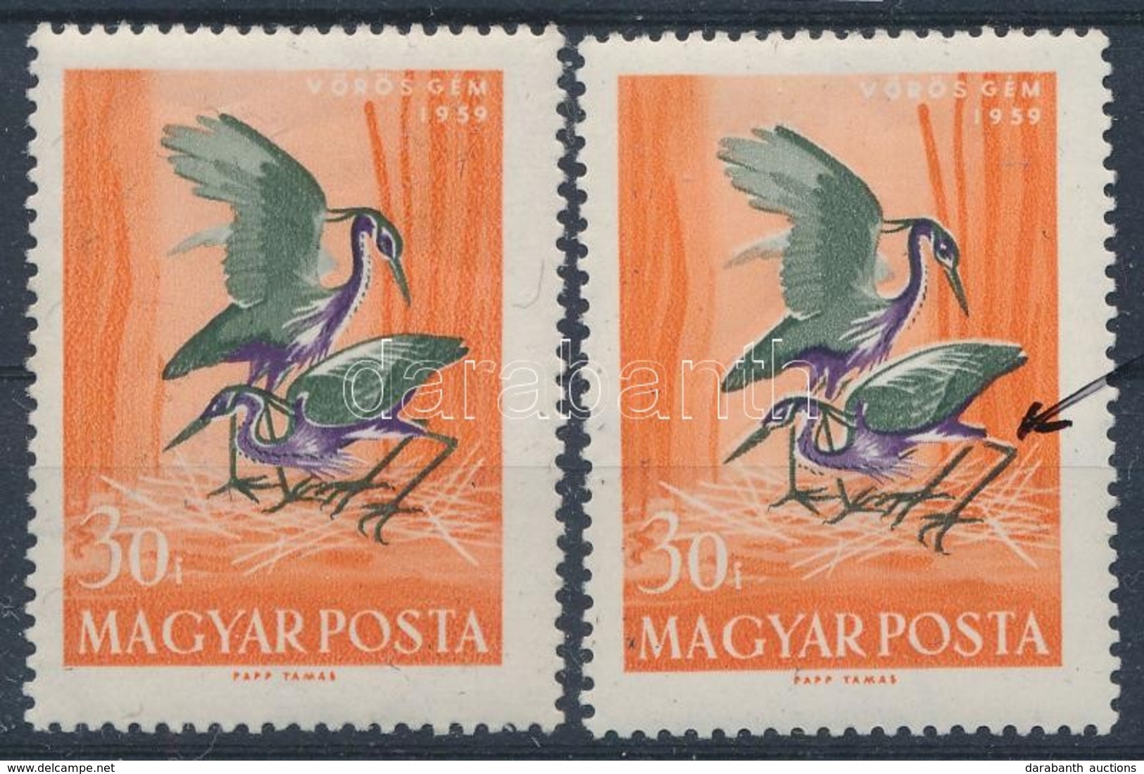 ** 1959 Madarak 30f, 'törött Lábú Gém' Tévnyomat / Mi 1595 Plate Variety - Autres & Non Classés