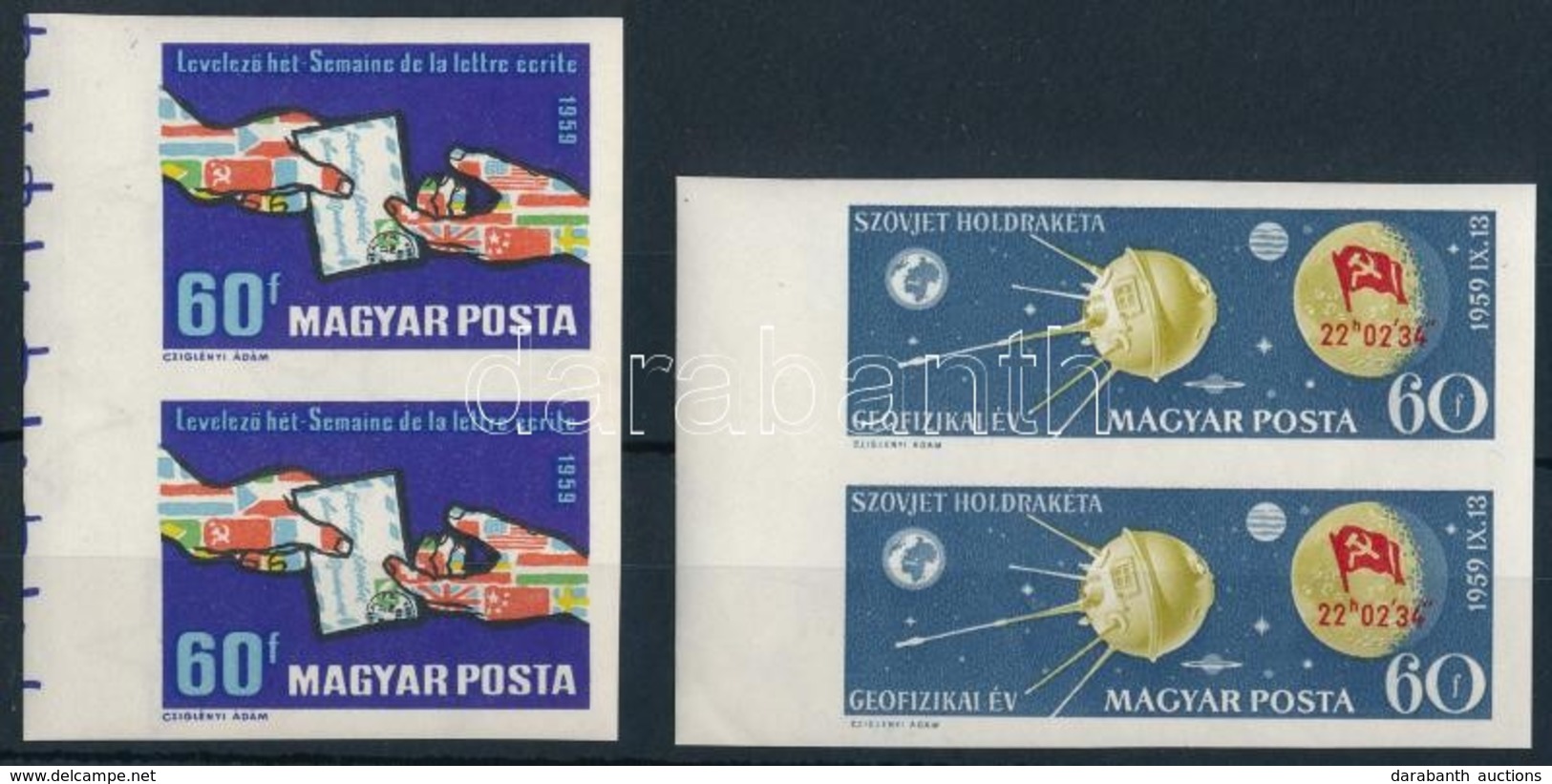 ** 1959 Holdrakéta és Levelező Hét Vágott ívszéli Párok (9.000) / Mi 1626+1628 Imperforate Margin Pairs - Autres & Non Classés