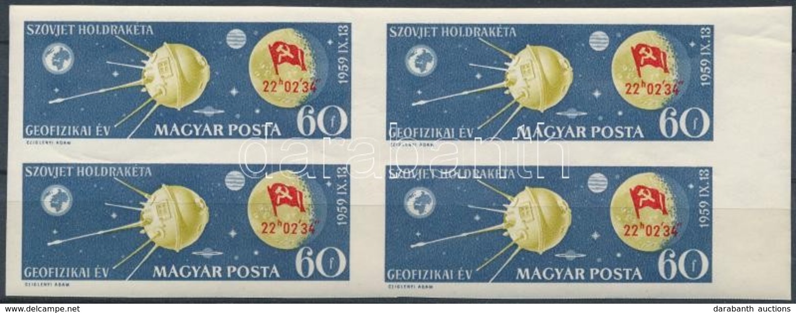 ** 1959 Holdrakéta ívszéli Vágott Négyestömb (8.000) / Mi 1626 Imperforate Margin Block Of 4 (kis Törések / Small Folded - Other & Unclassified