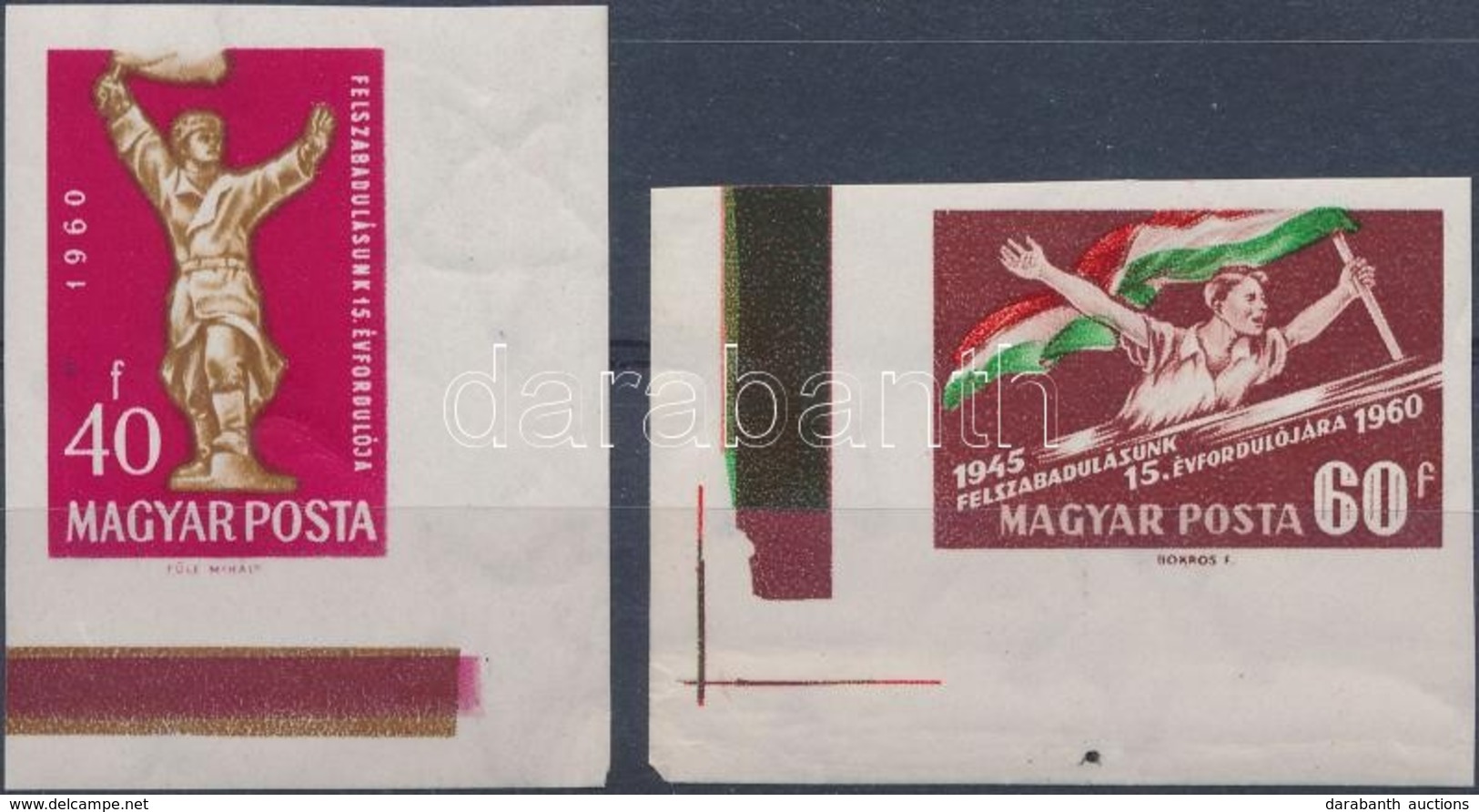 ** 1960 Felszabadulás (IV.) ívsarki Vágott Sor (4.000) / Mi 1678-1679 Imperforate Corner Set (törések / Creases) - Autres & Non Classés