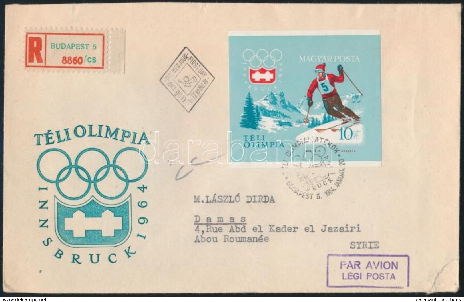 1964 Téli Olimpia Vágott Blokk Ajánlott Légi FDC-n Szíriába / Mi Block 40 Imperforate On FDC - Other & Unclassified