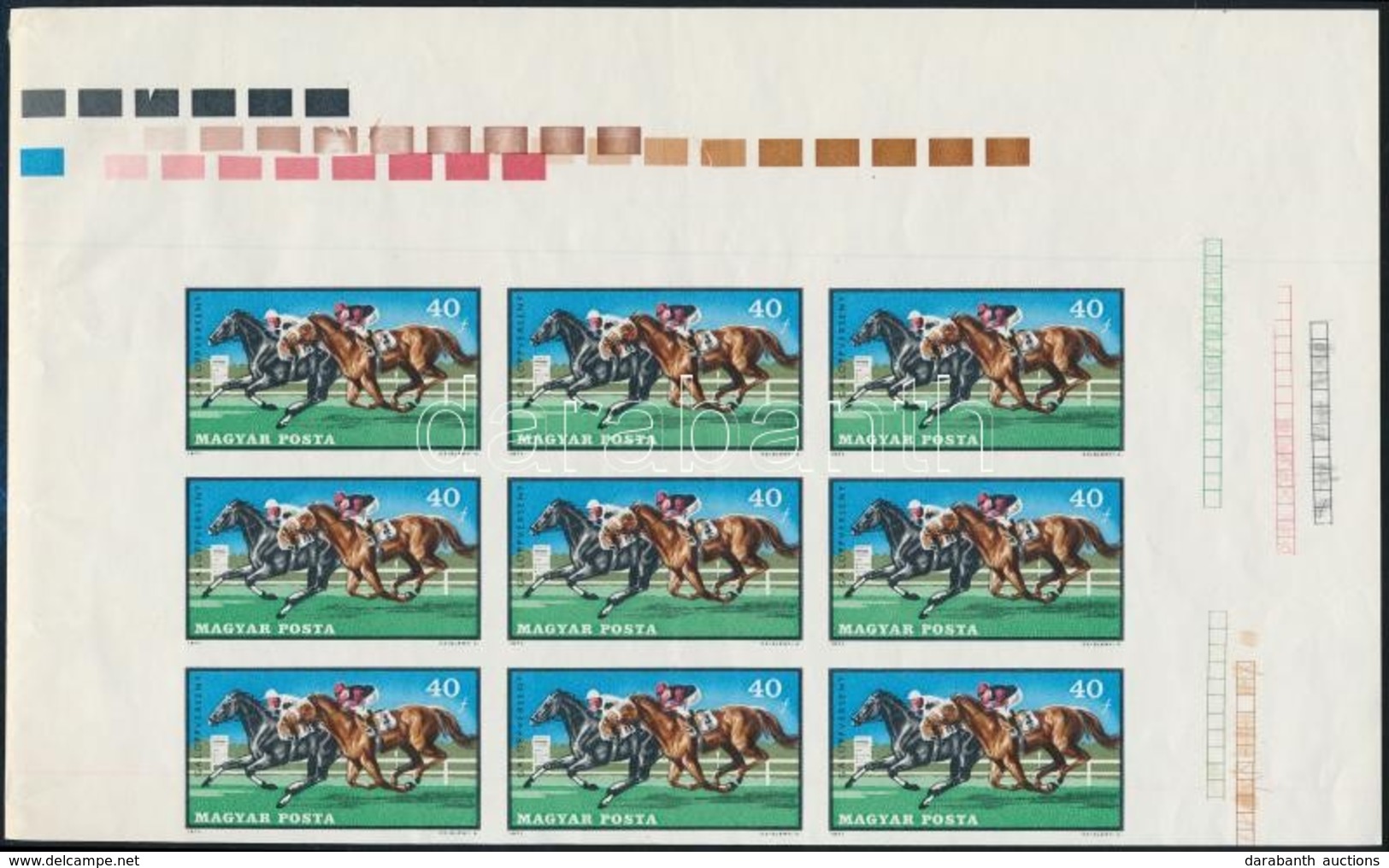 (*) 1971 Lósport 40f ívsarki Vágott Kilences Tömb Sárga Színnyomat Nélkül / Mi 2703 Imperforate Corner Block Of 9, Yello - Other & Unclassified