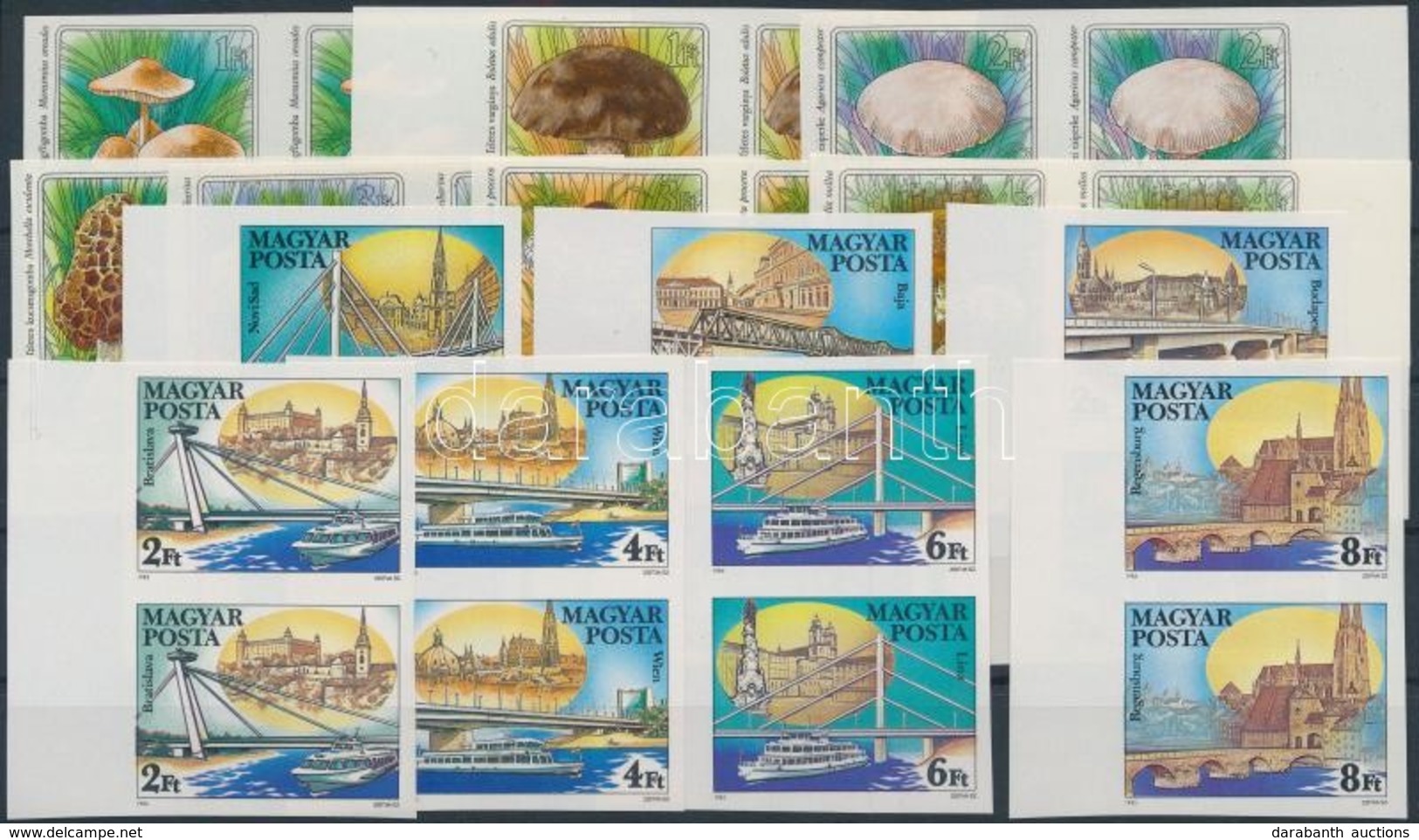 ** 1984-1985 Gombák és Duna-hidak Vágott Sorok ívszéli Párokban (21.000) / Mi 3708-3714 + 3733-3739 Imperforate Pairs - Andere & Zonder Classificatie