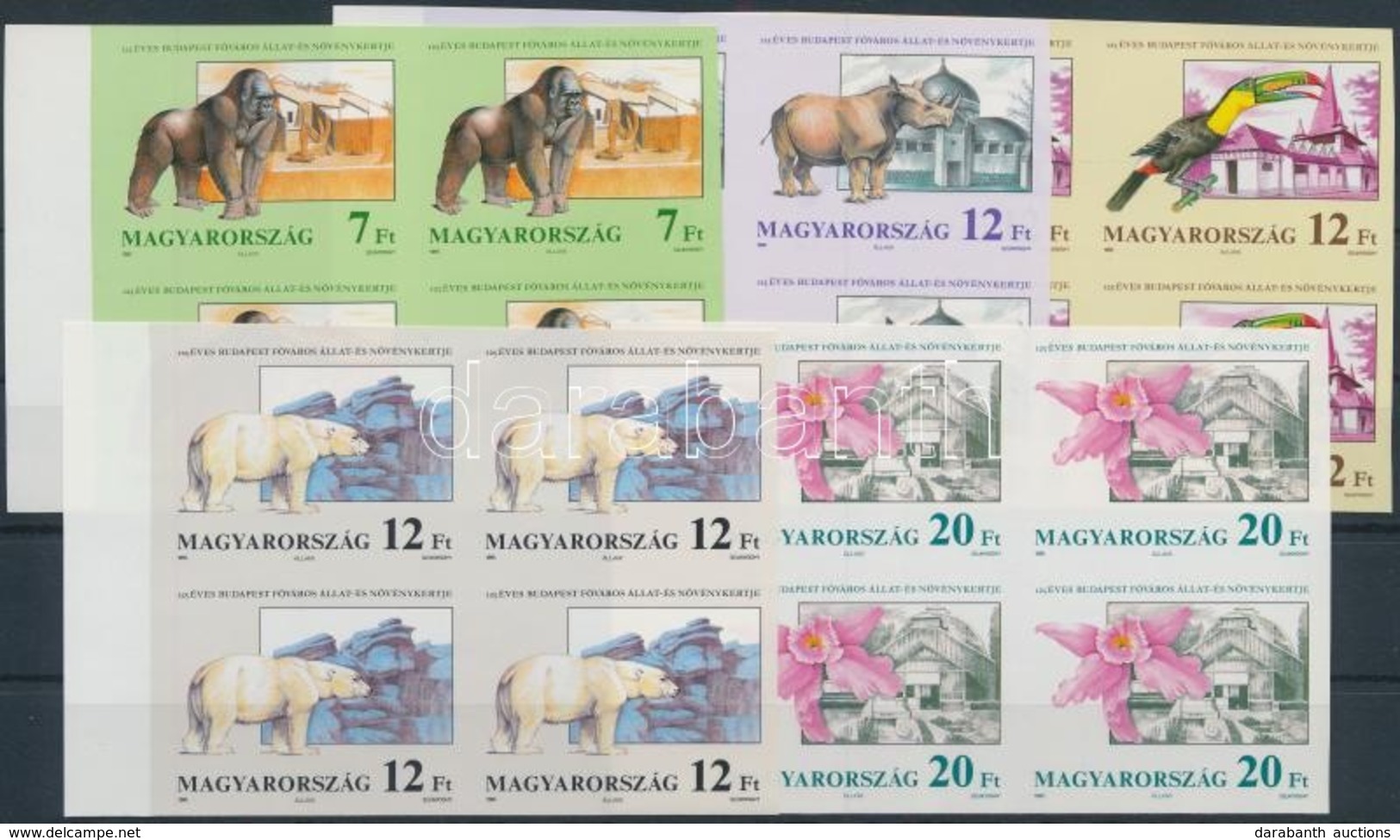 ** 1991 125 éves A Budapesti állatkert Vágott Sor ívszéli 4-es Tömbökben (28.000) / Mi 4136-4140 Imperforate Blocks Of 4 - Autres & Non Classés