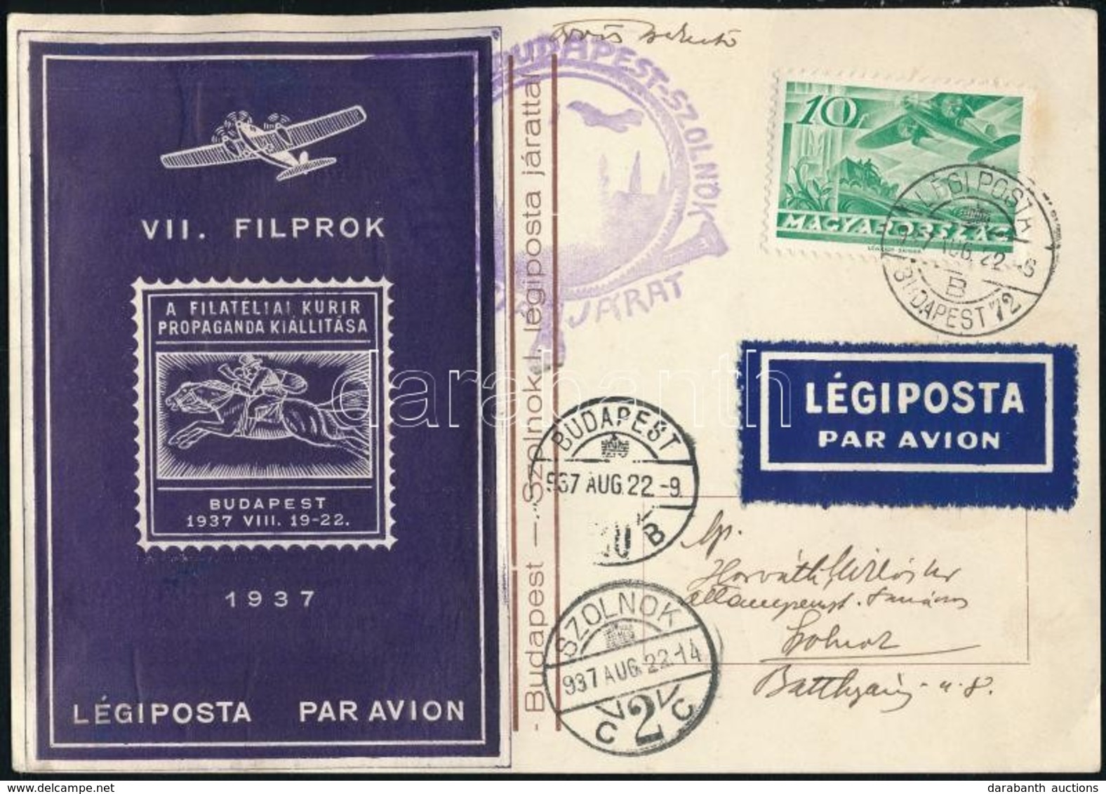 1937 VII. Filprok Emlékív Légi Levelezőlapon / Souvenir Sheet On Airmail Postcard - Sonstige & Ohne Zuordnung