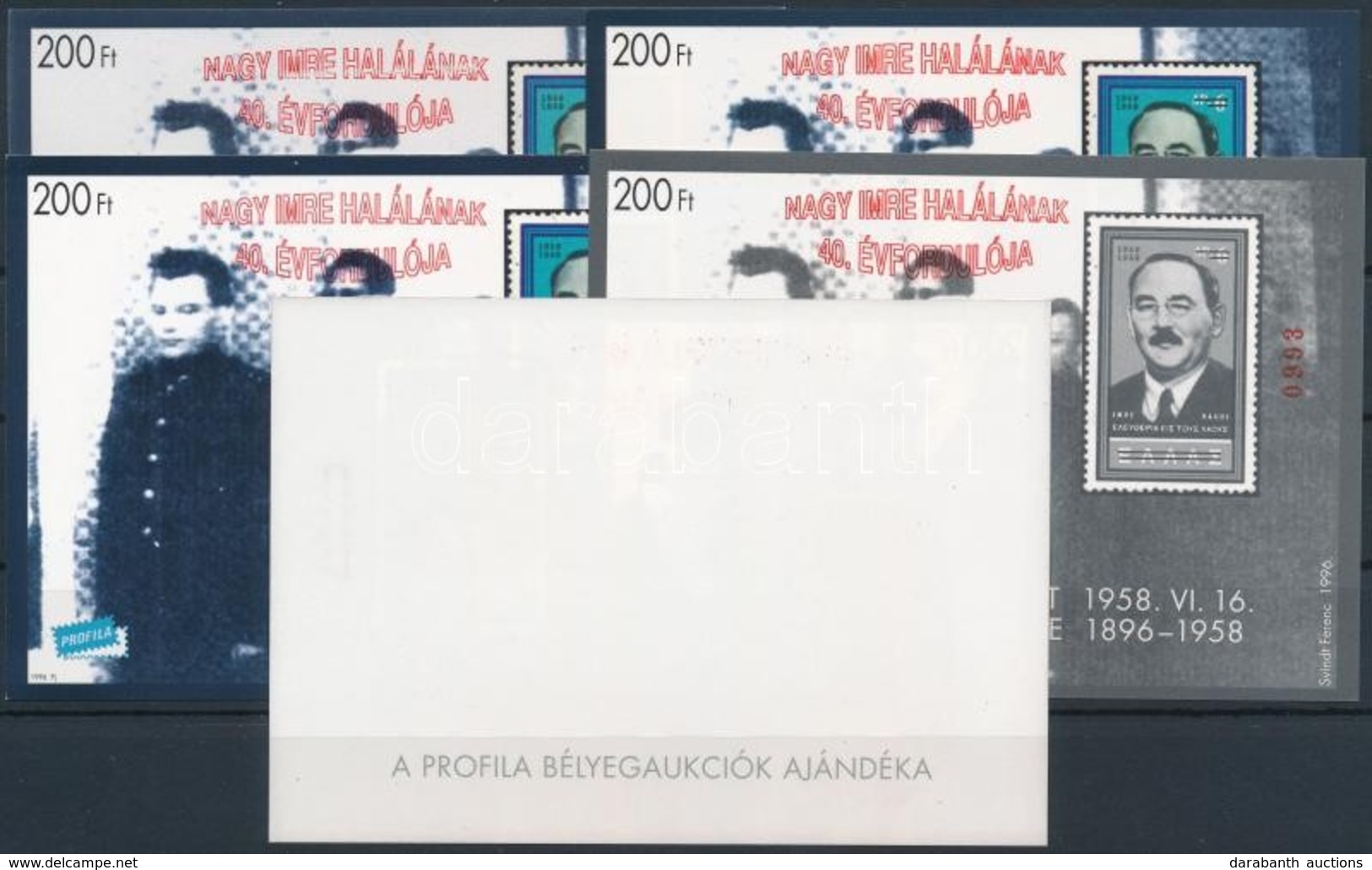 ** 1998/8b Nagy Imre Halálának 40. évfordulója 5 Db-os Emlékív Garnitúra Piros Felülnyomással, Azonos Sorszám Végződésse - Autres & Non Classés