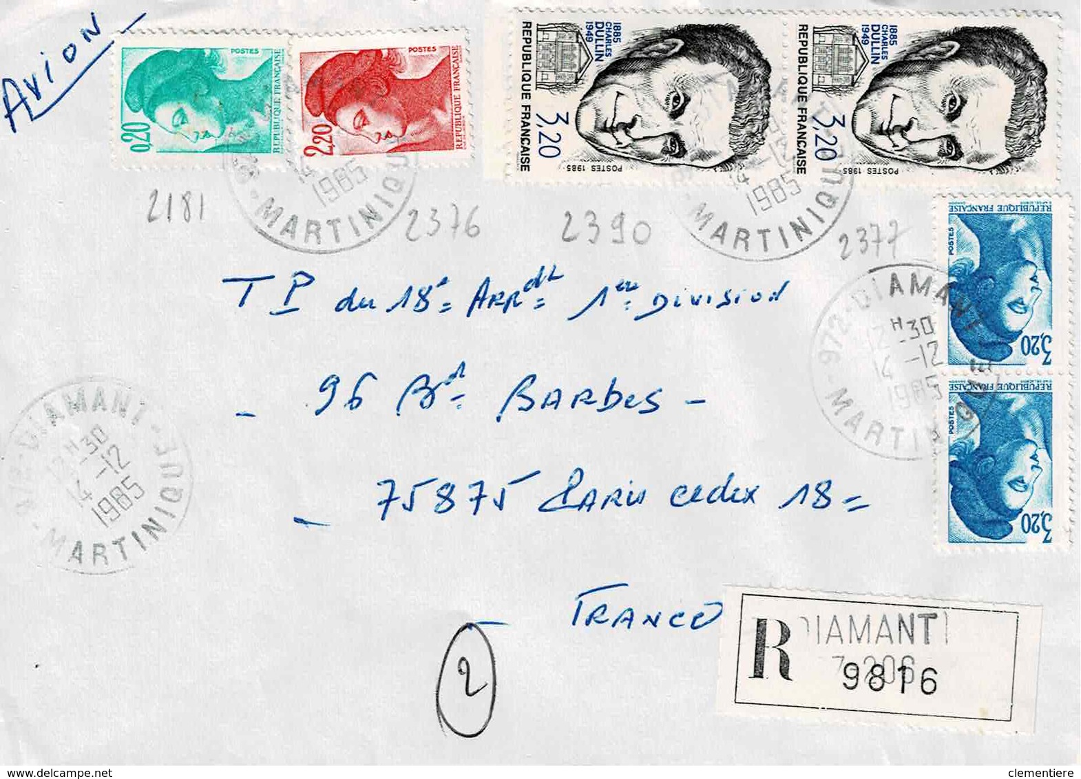 TP  N° 2390 En 2 Ex Et Diverses Marianne Sur Enveloppe En Recommandé De Diamant, Martinique - 1961-....