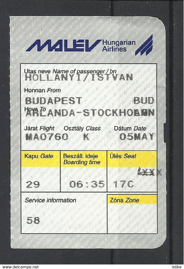 Hungarian Airlines, Malév, Boarding Pass, 1999. - Europa
