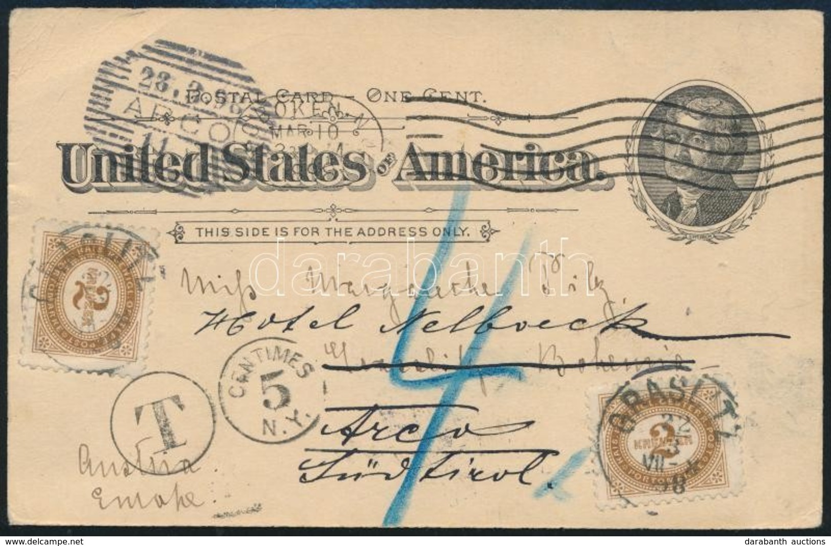 1898 Díjjegyes Képeslap Ausztriába, Portózva / PS-postcard To Austria, With 2 X 2kr Postage Due - Sonstige & Ohne Zuordnung