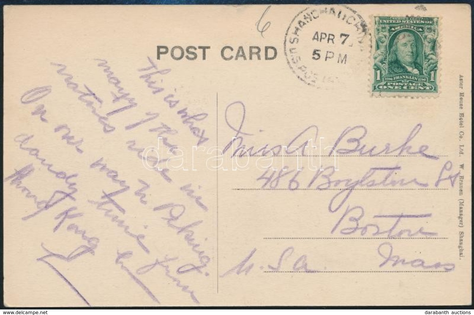 1906 Konzuli Képeslap Kínából Bostonba / Consular Postcard From China To Boston 'SHANGHAI CHINA U.S. POSTAL AGENCY' - Autres & Non Classés