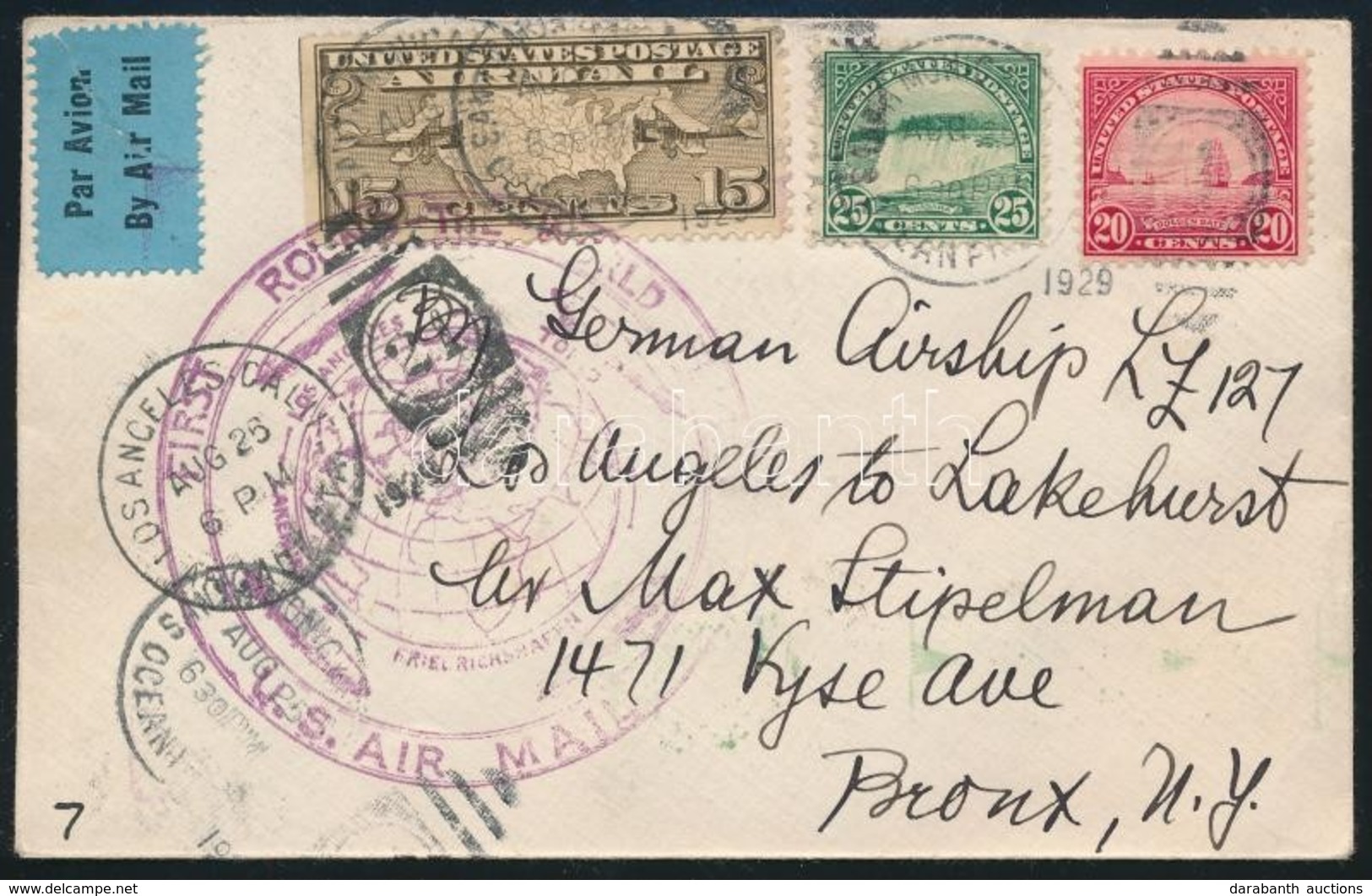 1929 Zeppelin Világ Körüli útja Levél / Round The World Flight Cover, Los Angeles - Lakehurst - Sonstige & Ohne Zuordnung