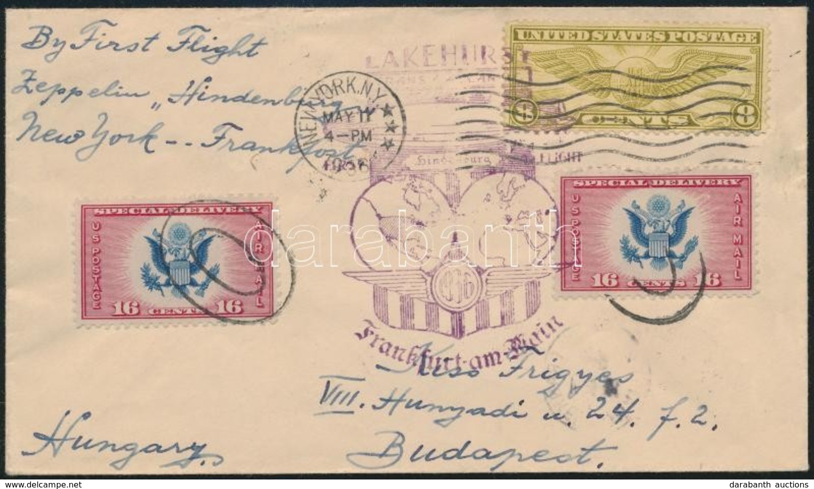 1936 Hindenburg Léghajó Lakehurst - Frankfurt Első Repülés Levél Budapestre / First Flight Cover To Hungary - Sonstige & Ohne Zuordnung