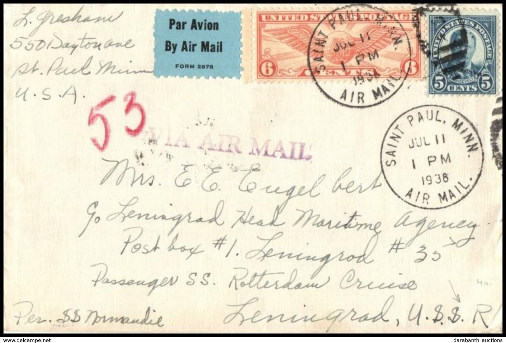 1938 Légi Levél A Szovjetunióba, Egy A Leningrádi Kikötőben álló Holland Utasszállító Hajóra / Airmail Cover To The USSR - Sonstige & Ohne Zuordnung