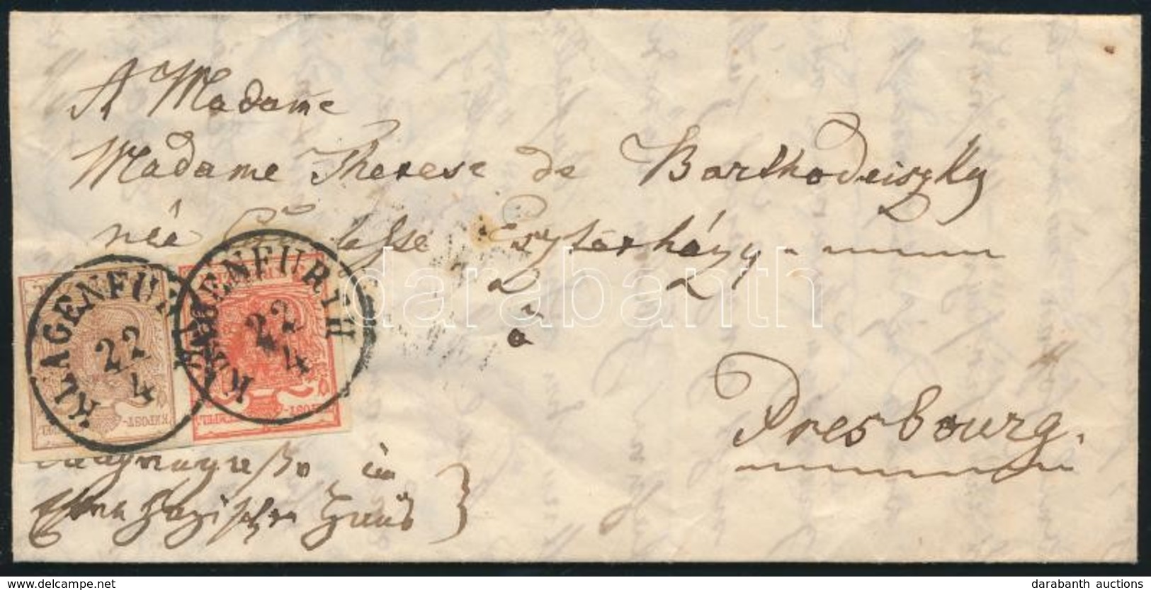 1851 3kr + 6kr HP I. Levélen / On Cover 'KLAGENFURTH' - 'WIEN' - 'PRESZBURG' - Sonstige & Ohne Zuordnung