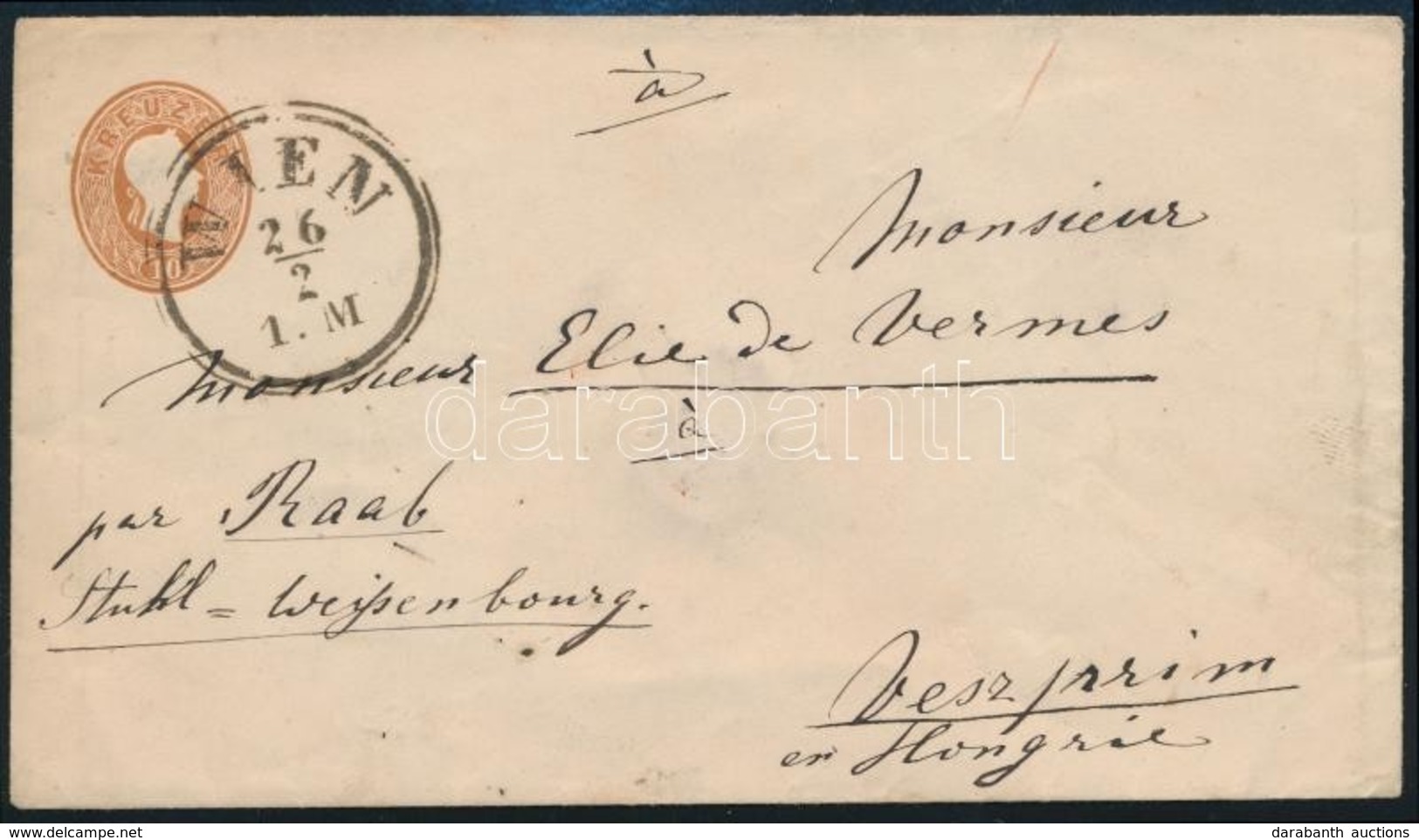 1861 10kr Díjjegyes Boríték / PS-cover 'WIEN' Veszprém - Autres & Non Classés