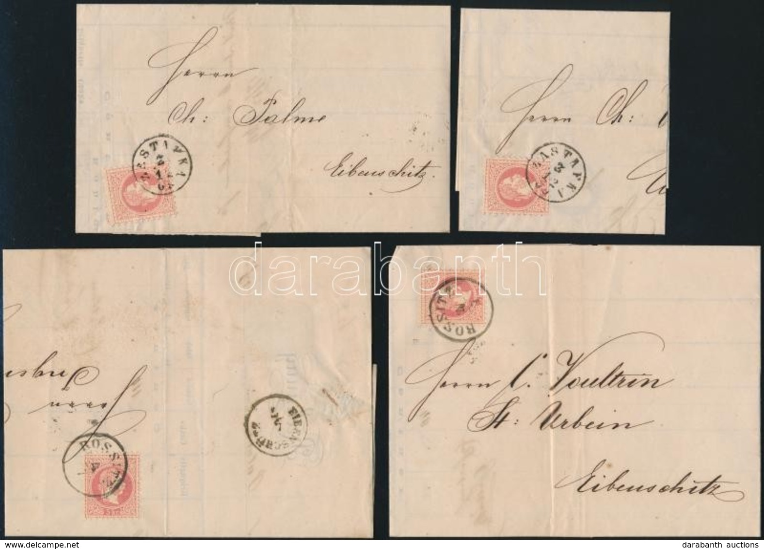 1869 4 Db Számla 1867-es 5kr Postabélyeggel Portózva + Belül 5kr Illetékbélyeggel / 4 Invoices Mailed With 5kr Franking, - Autres & Non Classés