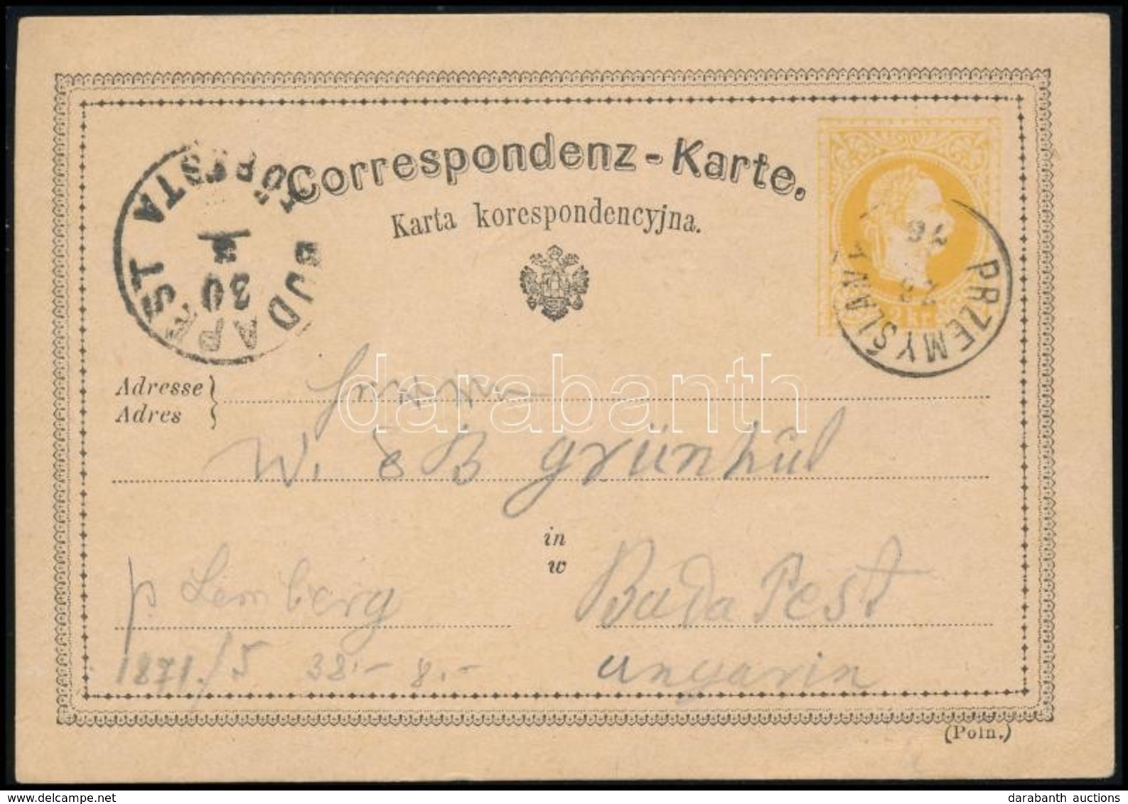 1876 Díjjegyes Levelezőlap / PS-card 'PRZEMYSLANY' - 'BUDAPEST' - Autres & Non Classés