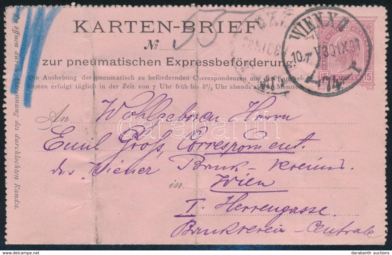 1897 15kr Díjjegyes Csőposta Zárt Levelezőlap / 15kr PS Cover Card For Pneumatic Mail 'WIEN' - Autres & Non Classés