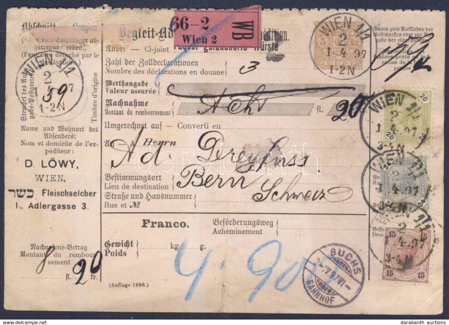 1897 Csomagszállító Svájcba / Parcel Card To Switzerland - Autres & Non Classés