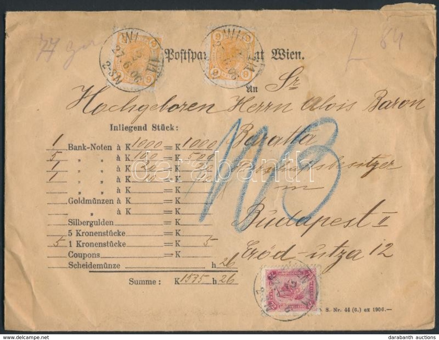 1906 Értéklevél 2x6h + 72h Bérmentesítéssel / Insured Cover - Autres & Non Classés