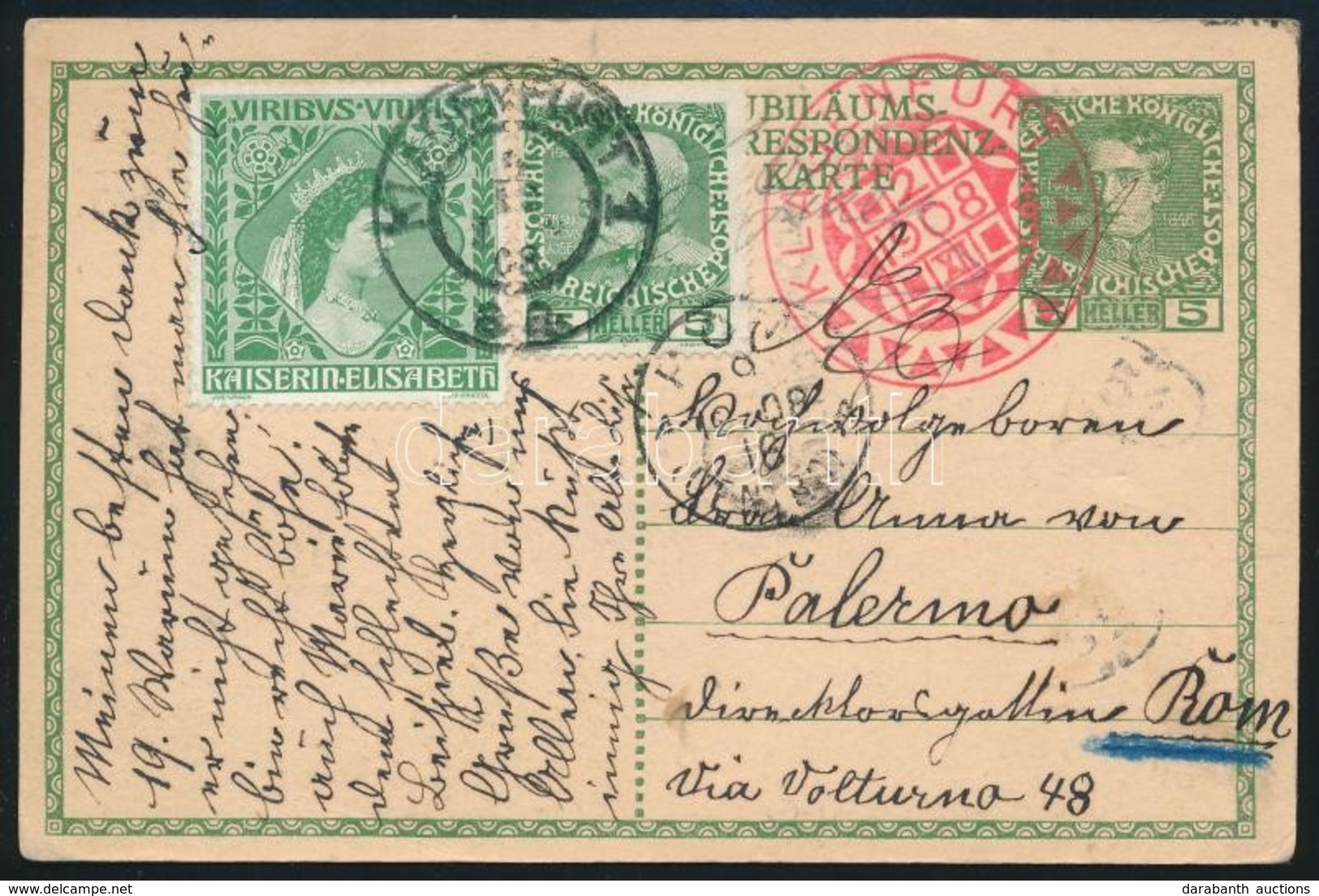 1908 Díjkiegészített Jubileumi Díjjegyes Erzsébet Királyné Levélzáróval Olaszországba / Jubilee-PS-card With Additional  - Autres & Non Classés