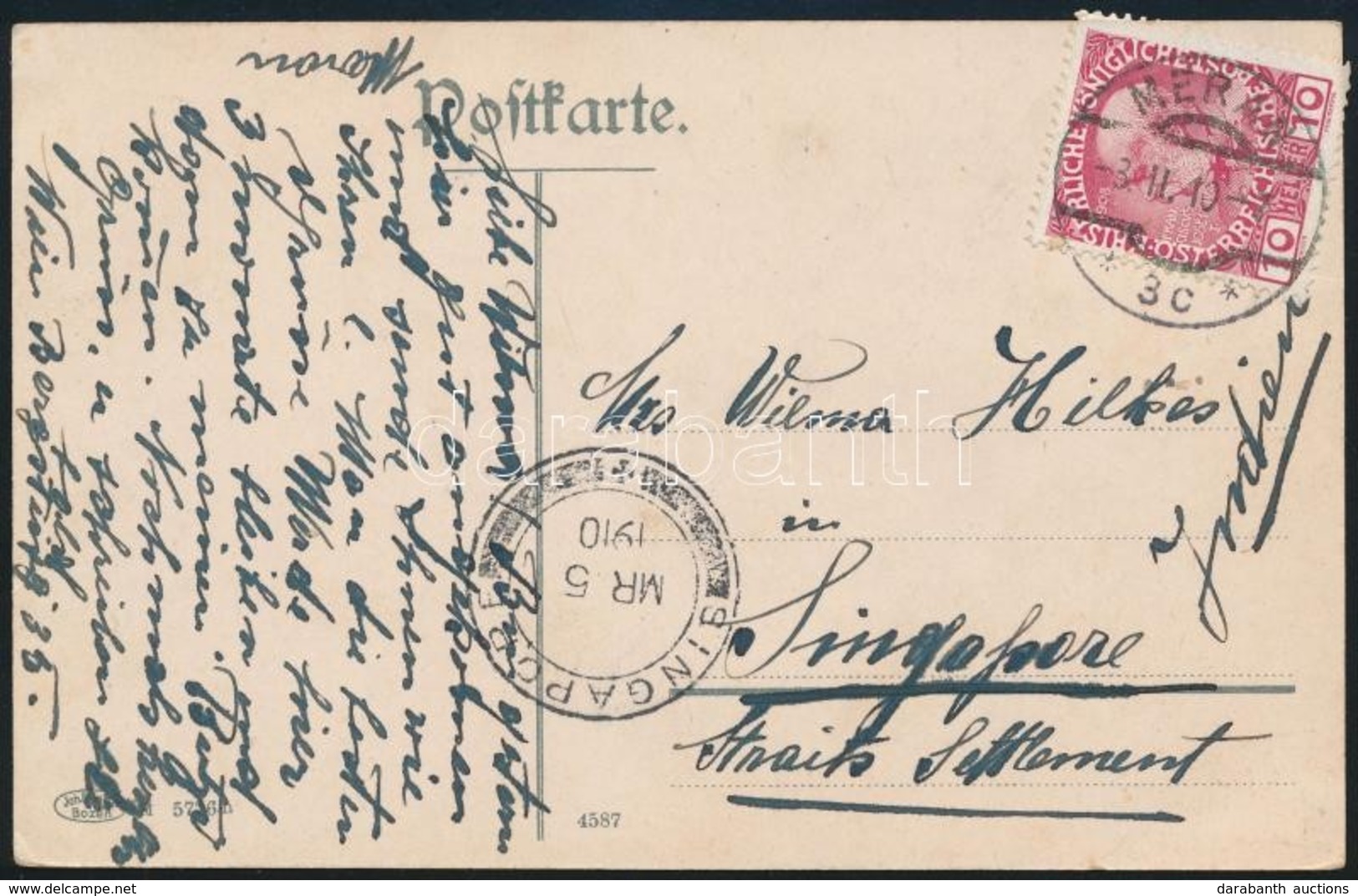 1910 Képeslap Szingapúrba / Postcard To Singapore - Sonstige & Ohne Zuordnung