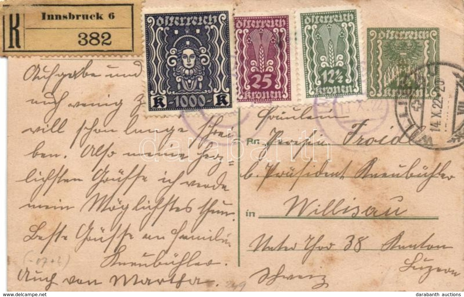 1922 (20. Díjszabás) (Túlbérmentesített) Díjkiegészített Levelezőlap Ajánlott Küldeményként Svájcba - Other & Unclassified