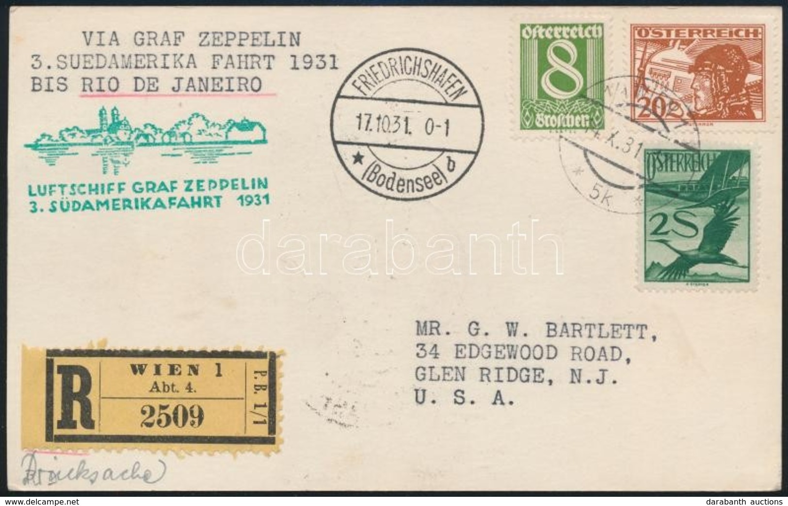 1931 Ajánlott Zeppelin Levelezőlap Az USA-ba / Registered Zeppelin Postcard To The USA - Autres & Non Classés