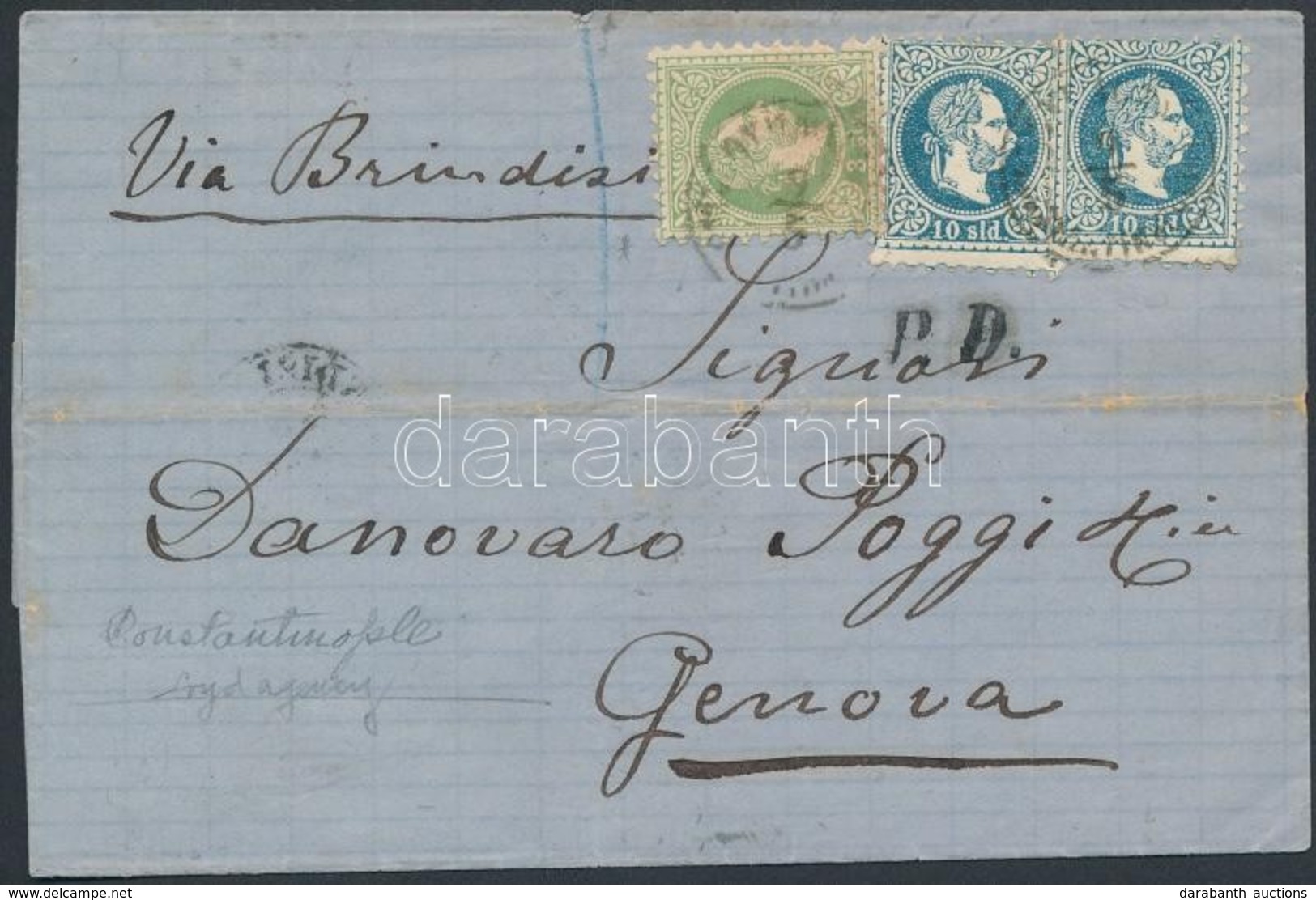 1874 3sld (sérült/demaged) + 2x10 Sld Levélen 'LLOYD AGENZIE CONSTANTINAPOLI' - 'BRINDISI' - 'GENOVA' - Other & Unclassified