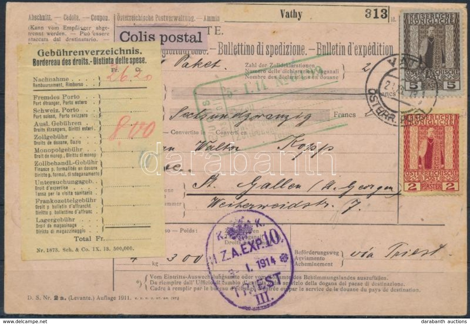 1914 Szállítólevél / Parcel Card 'VATHY / ÖSTERR. POST' - 'ST. GEORGEN' - Autres & Non Classés