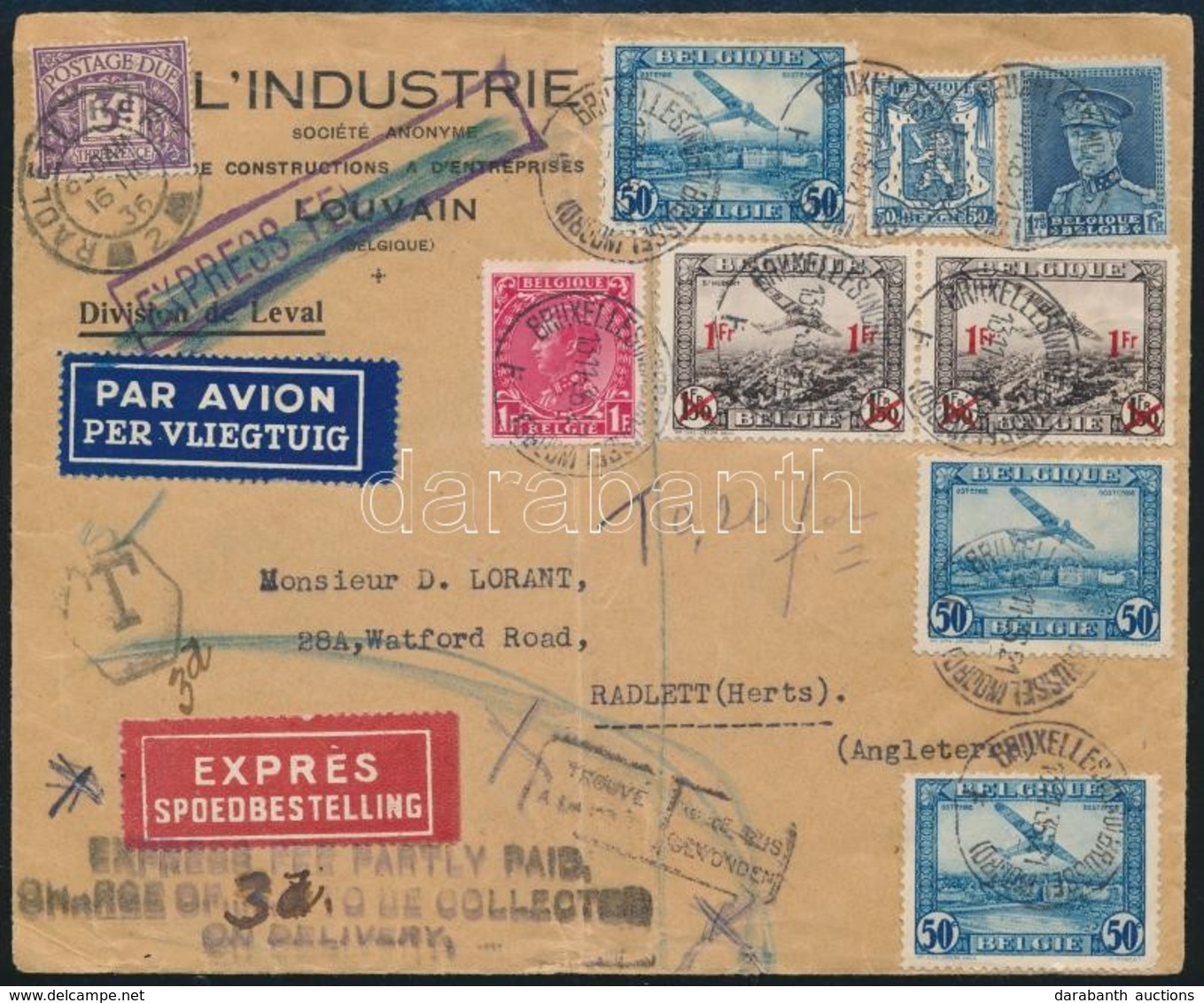 1936 Expressz Légi Levél Előlapja Angliába, Portózva / Front Of An Express Airmail Cover To England, With Postage Due - Autres & Non Classés