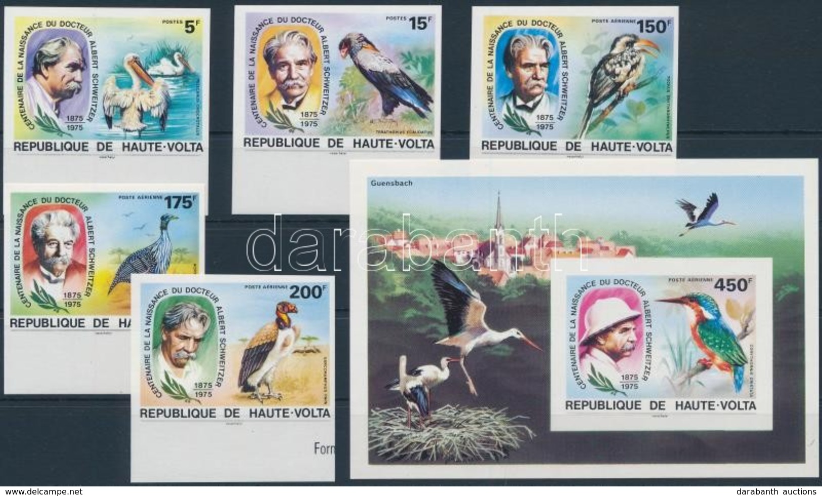 ** 1975 Albert Schweitzer ívszéli Vágott Sor + Blokk,
Albert Schweitzer Margin Imperforated Set + Block
Mi 575-579 + 35 - Autres & Non Classés