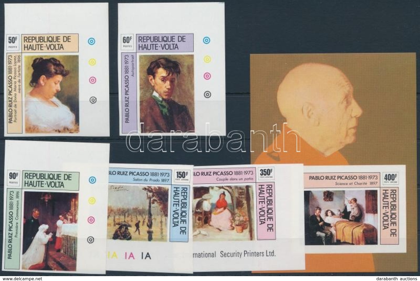 ** 1975 Picasso Halálának évfordulója ívsarki Vágott Sor  + Blokk,
Picasso Imperforated Corner Set + Block
Mi 587-591 +  - Other & Unclassified