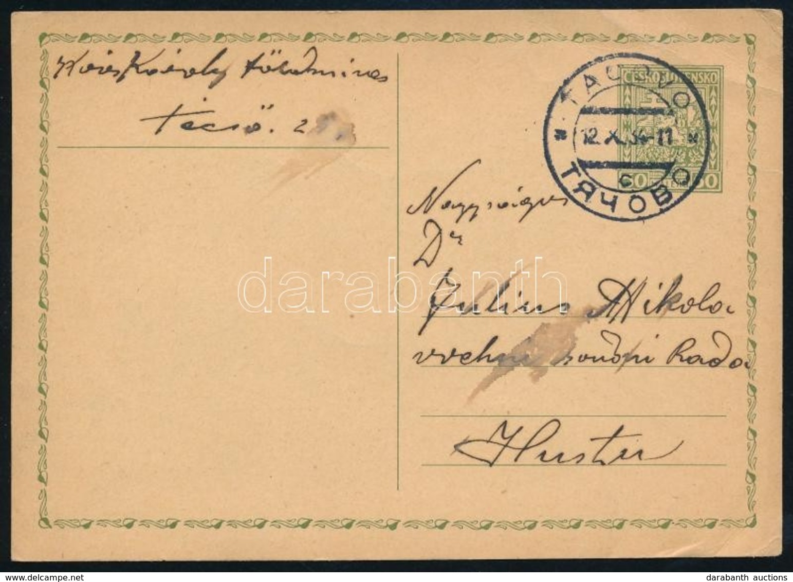 1934 Díjjegyes Levelezőlap Técsőről Husztra Kétnyelvű Bélyegzéssel / PS-card With Bilingual Postmark - Sonstige & Ohne Zuordnung