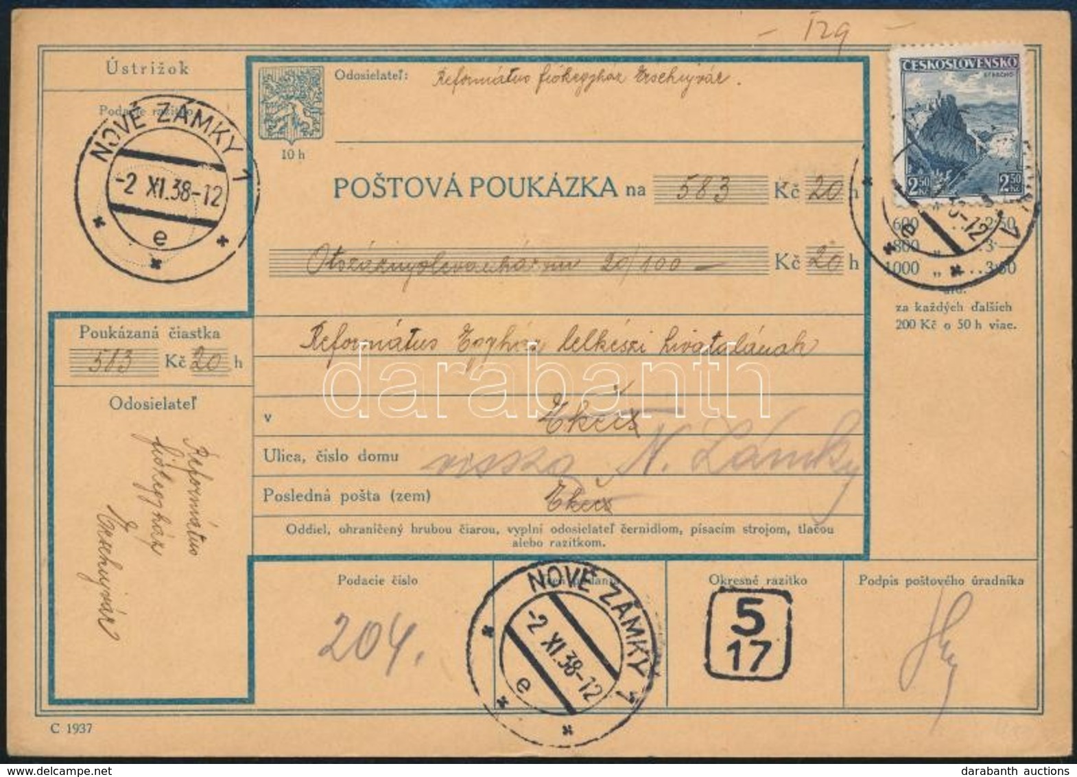 1938 Pénutalvány Érsekújvárról Ekecsre, Visszairányítva / Money Order, Returned - Autres & Non Classés