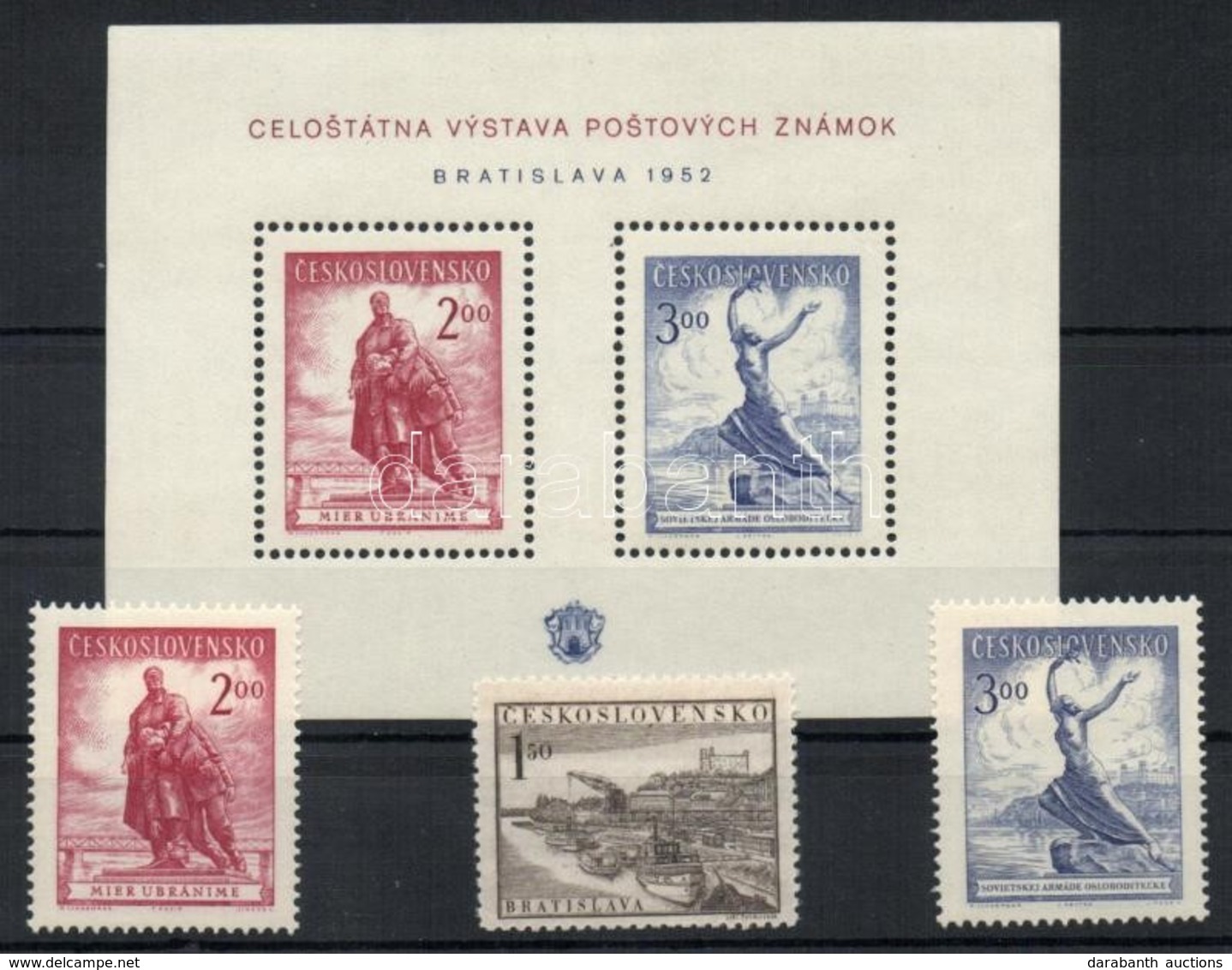 ** 1952 Pozsony Bélyegkiállítás Bélyeg + Blokkból Kitépett Bélyegek Mi 765-767 + Blokk 13 (ujjlenyomatok A Blokkon / Fin - Sonstige & Ohne Zuordnung